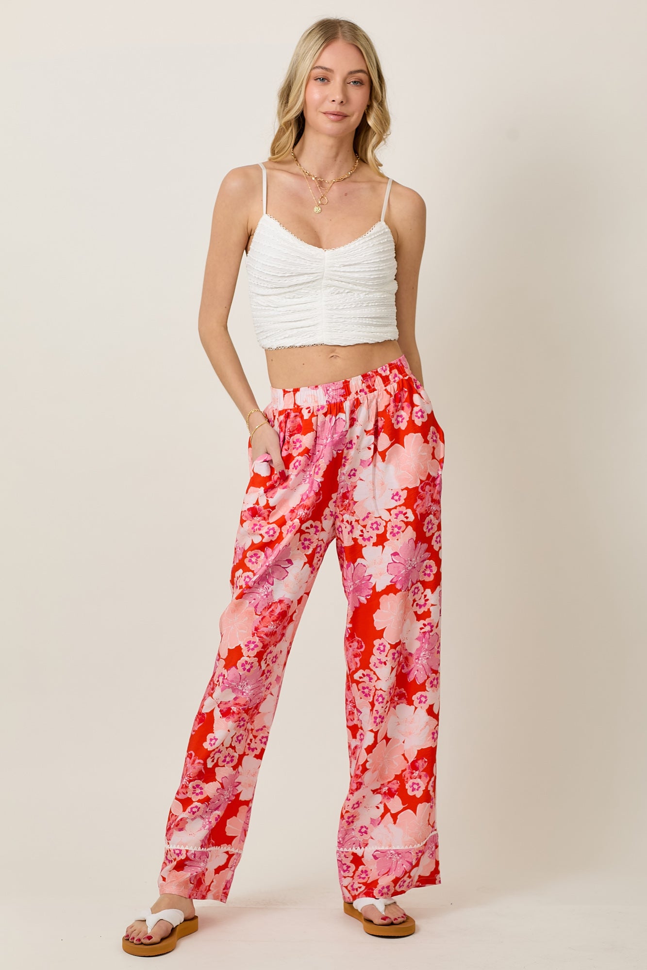 FLORAL PRINT WIDE LEG PANTS WITH CROCHET LACE