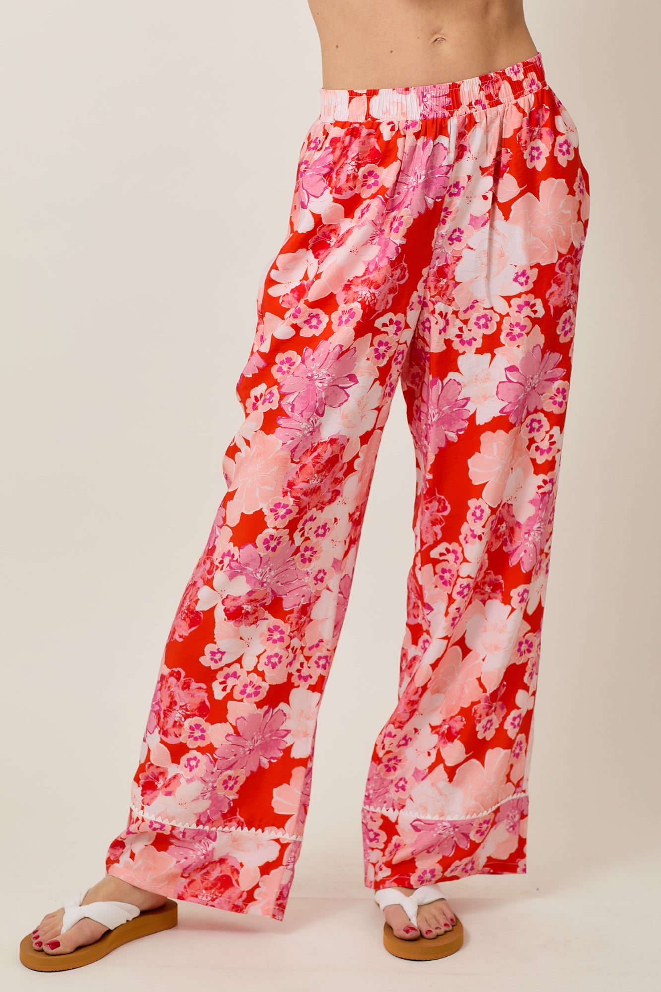 FLORAL PRINT WIDE LEG PANTS WITH CROCHET LACE