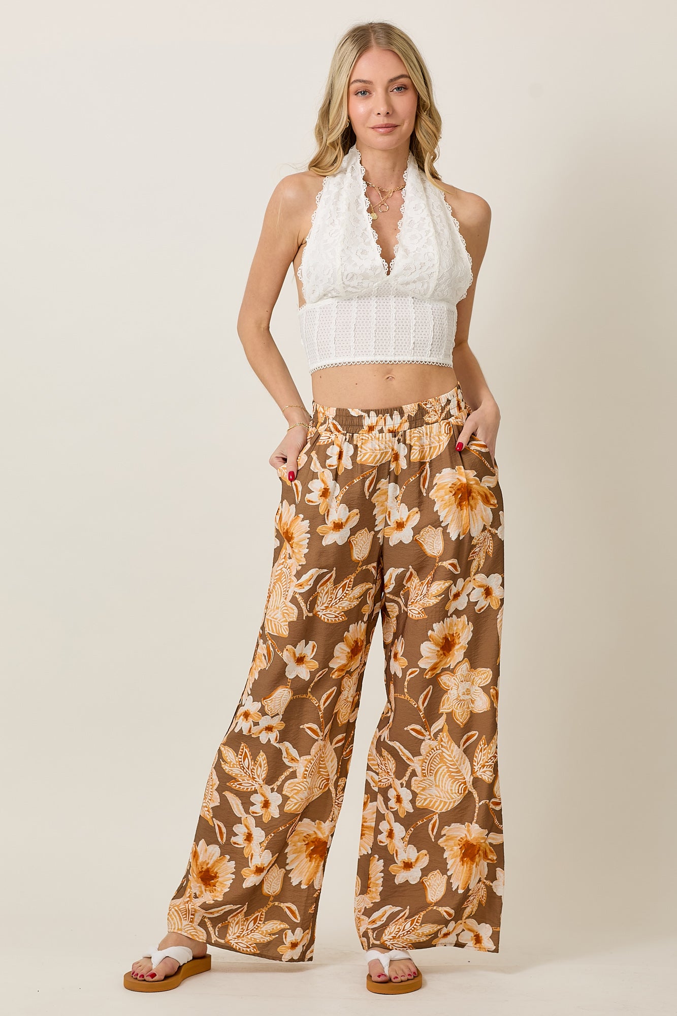 Floral Print Wide Leg Pants With Pockets