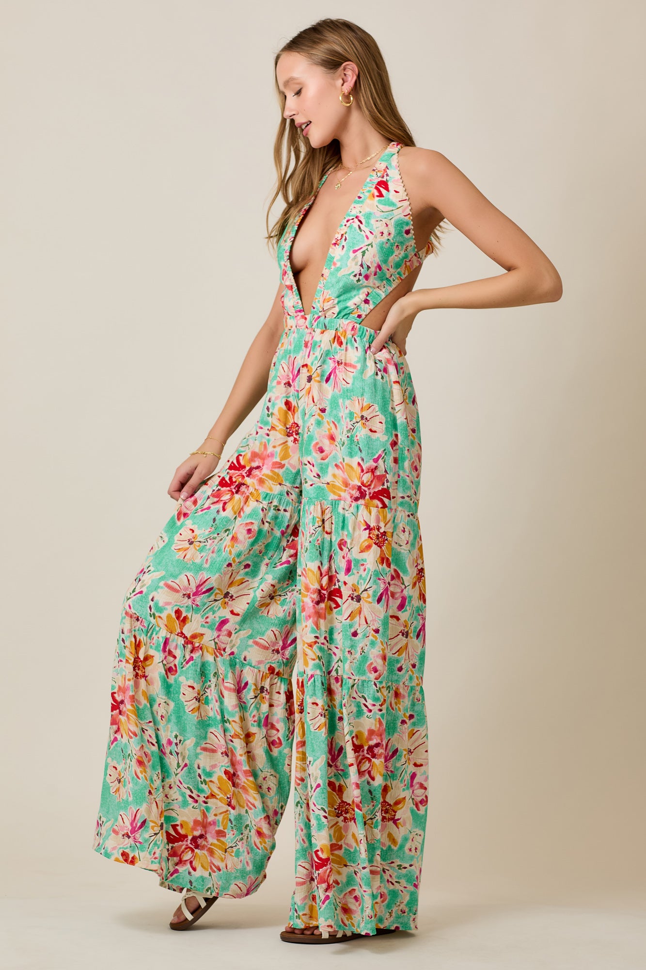 Summer Halter Jumpsuit in Mint Bloom with Wide Legs