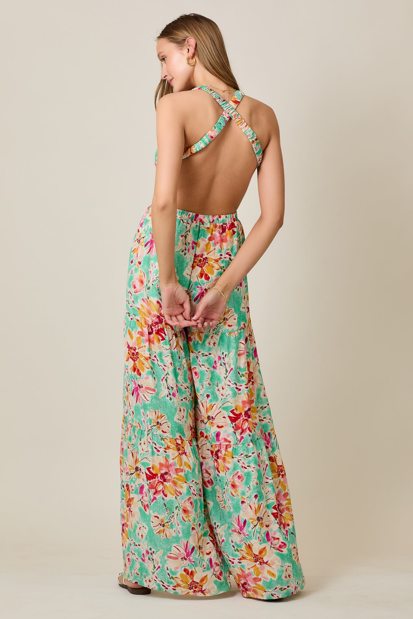 Summer Halter Jumpsuit in Mint Bloom with Wide Legs