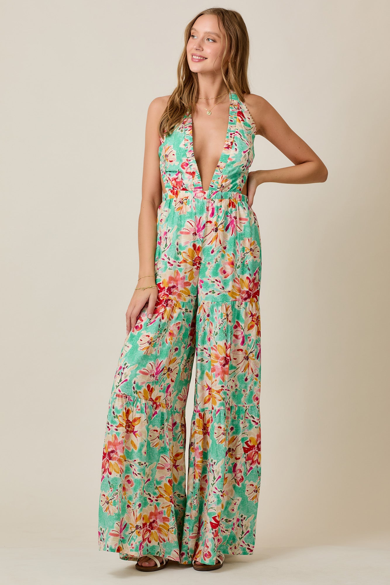 Summer Halter Jumpsuit in Mint Bloom with Wide Legs