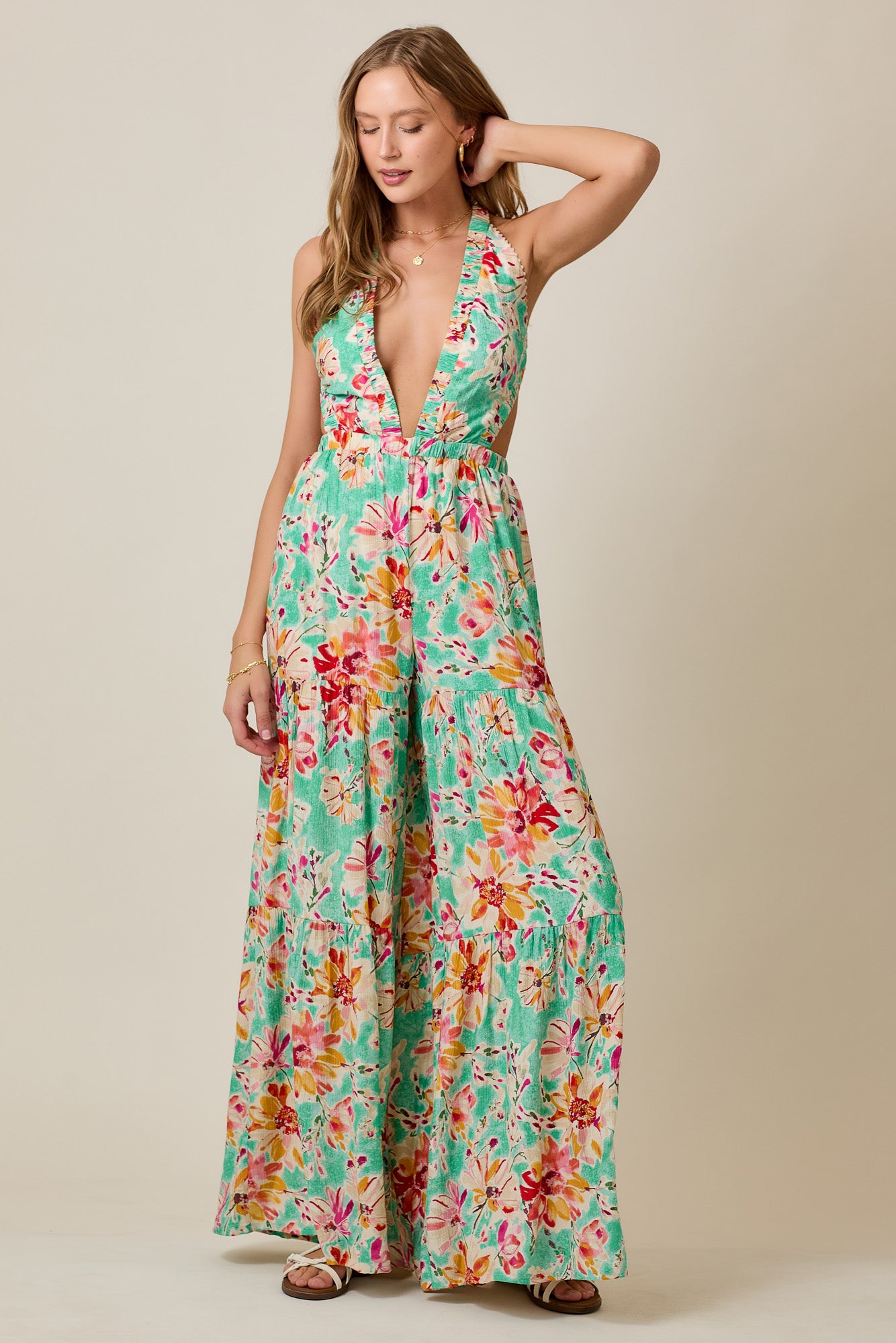 Summer Halter Jumpsuit in Mint Bloom with Wide Legs