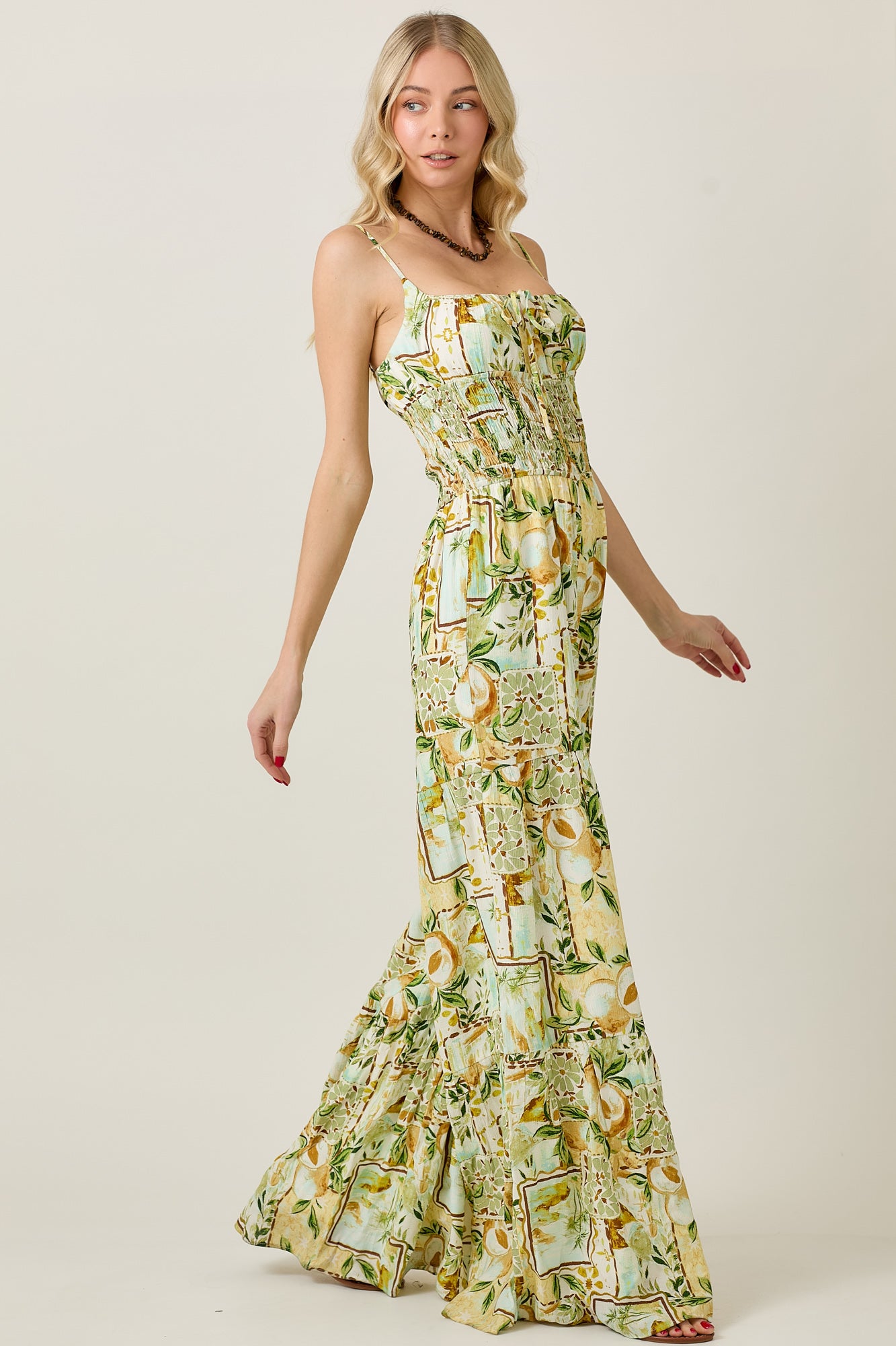 Summer Jumpsuit with Pear Garden Print & Tiered Detail