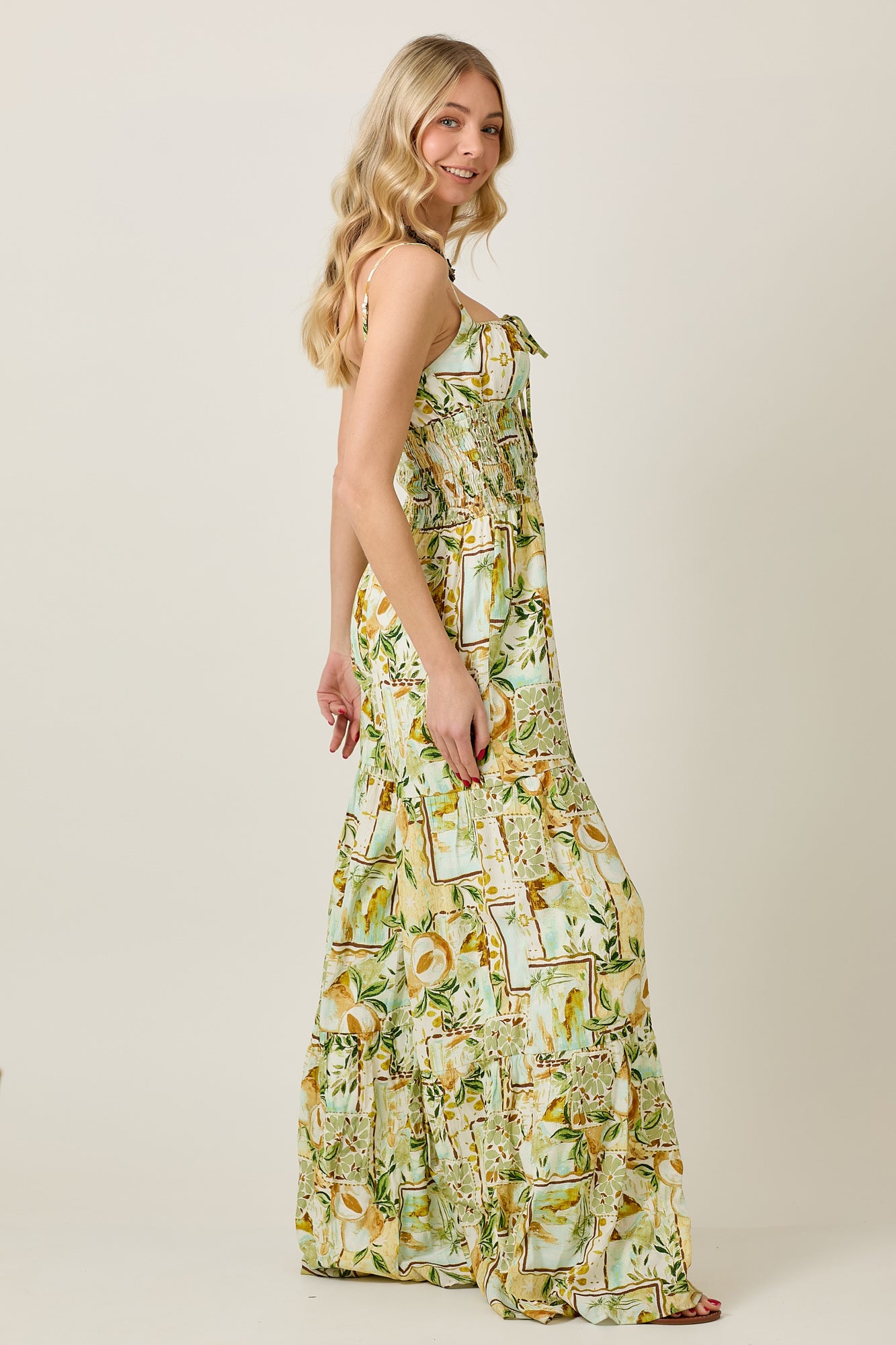 Summer Jumpsuit with Pear Garden Print & Tiered Detail