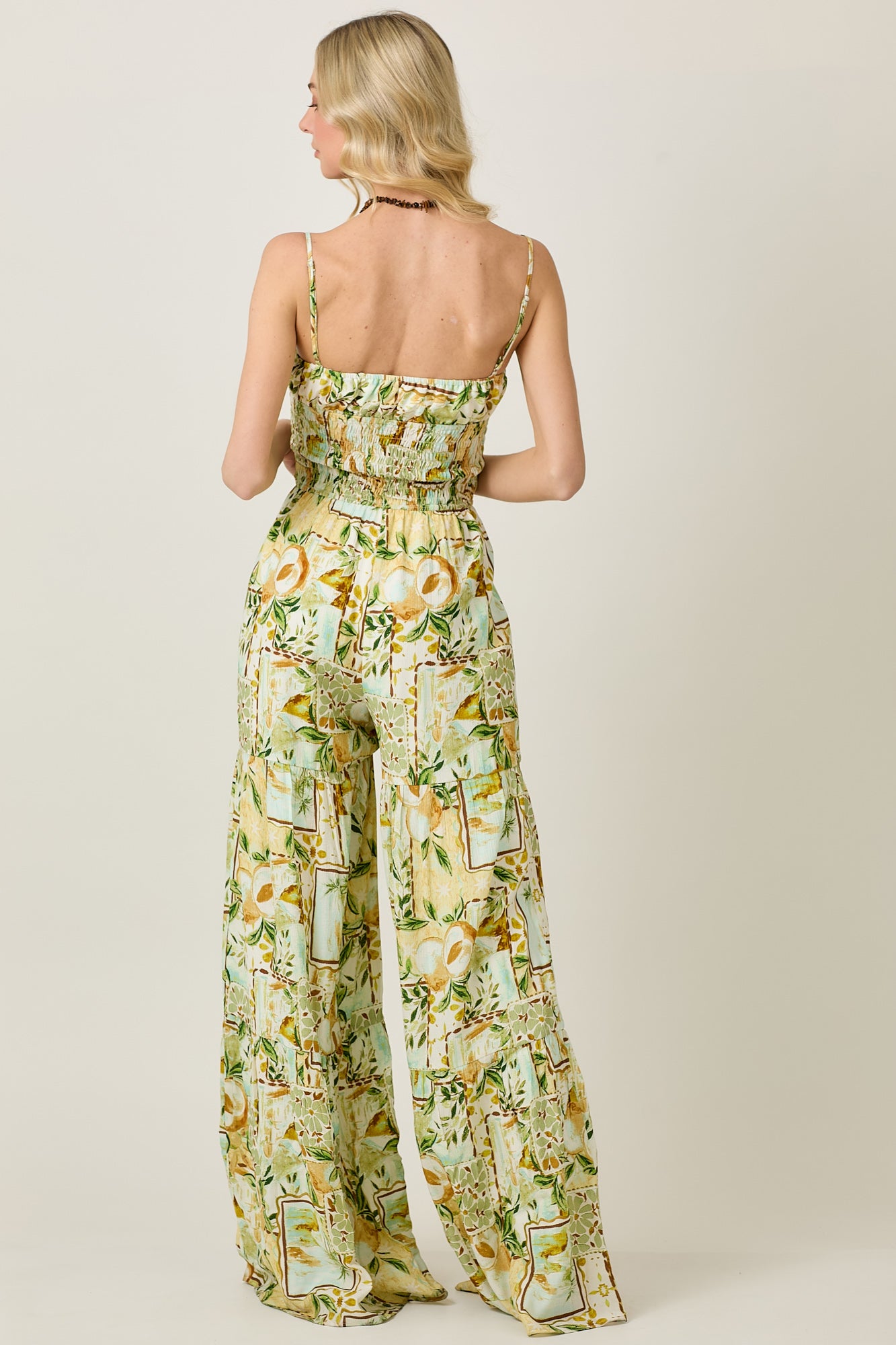 Summer Jumpsuit with Pear Garden Print & Tiered Detail