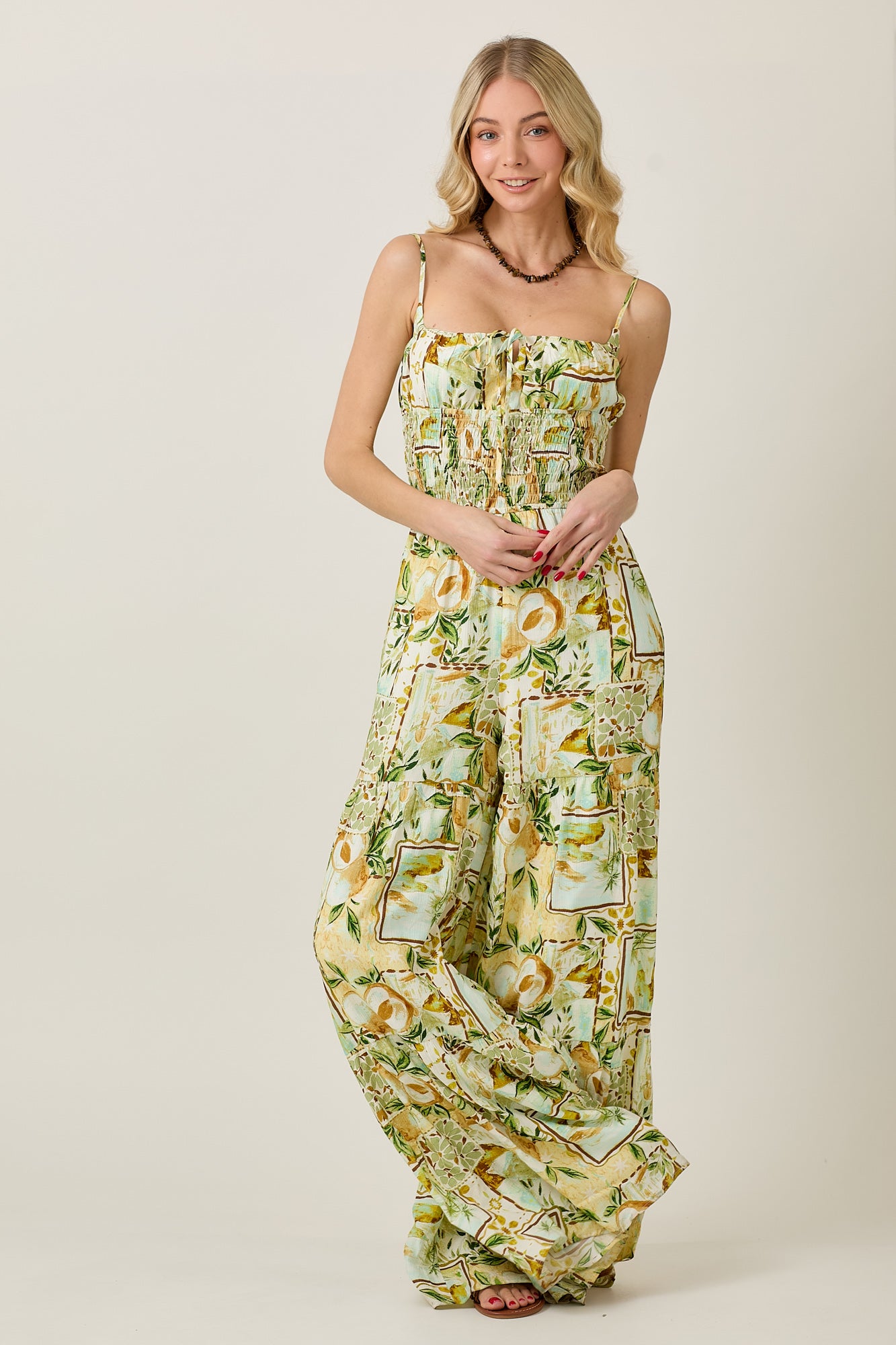 Summer Jumpsuit with Pear Garden Print & Tiered Detail