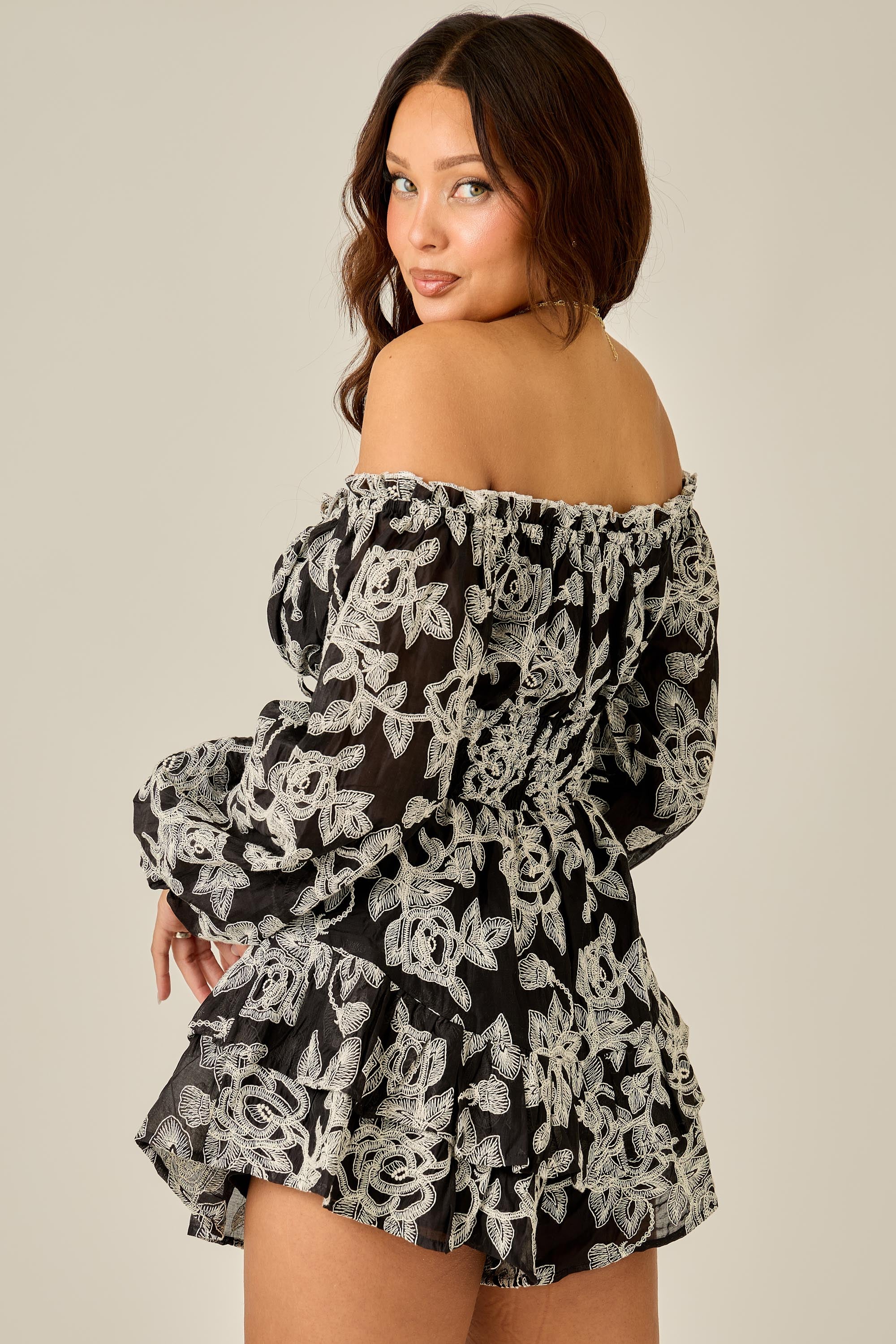 Black lace embroidered romper