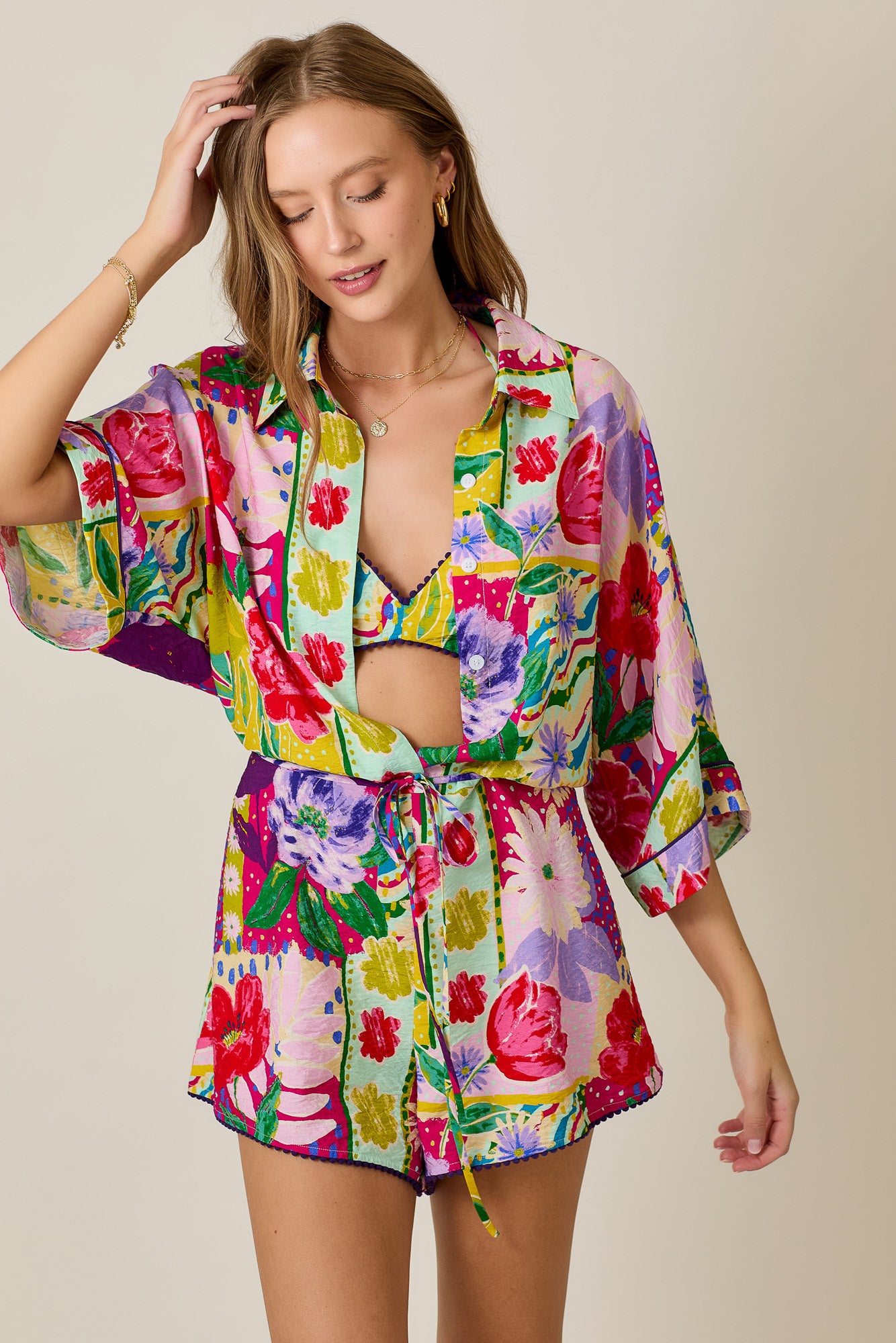 Floral 2-Piece Summer Set with Pom-Pom Trim Detail