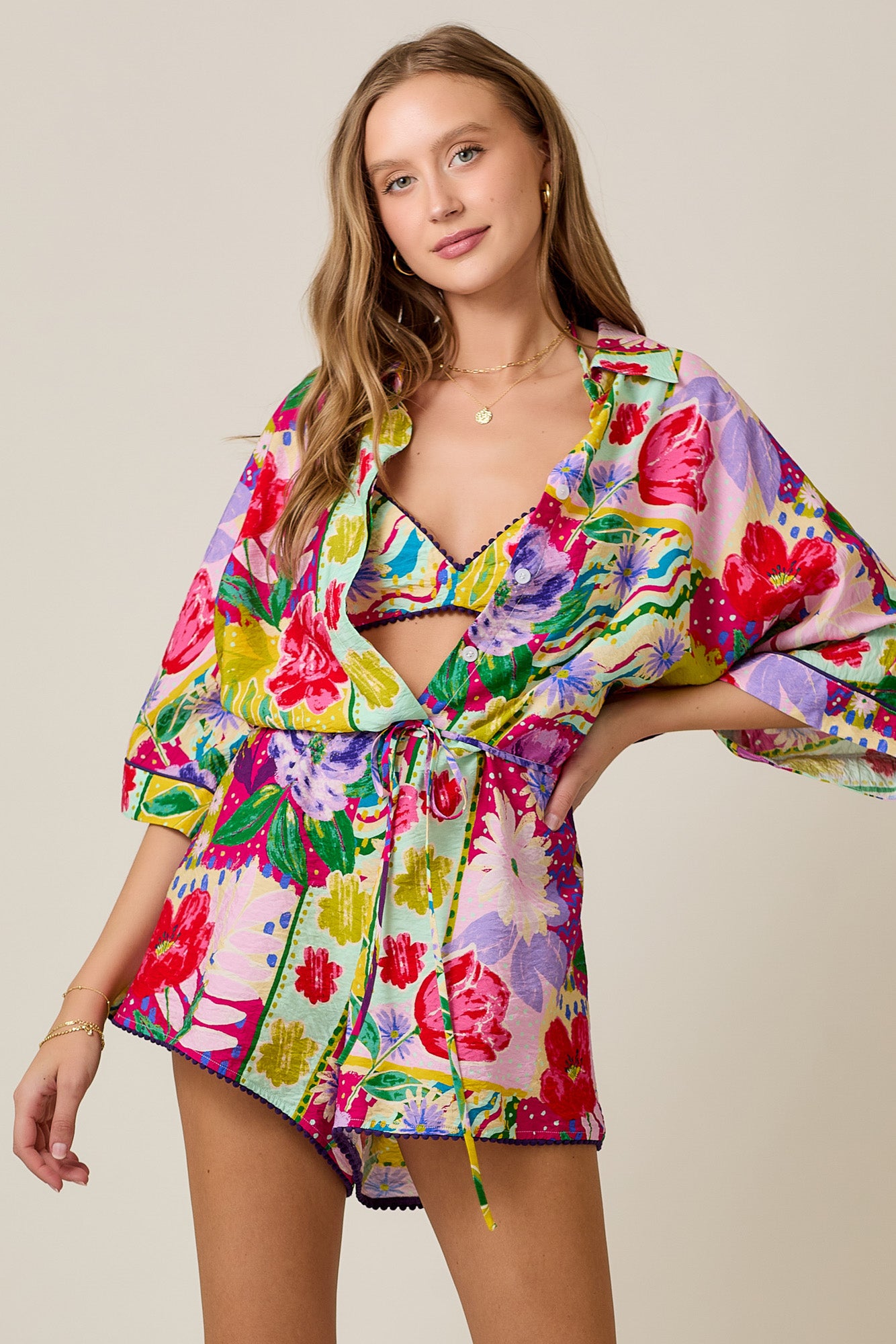 Floral 2-Piece Summer Set with Pom-Pom Trim Detail