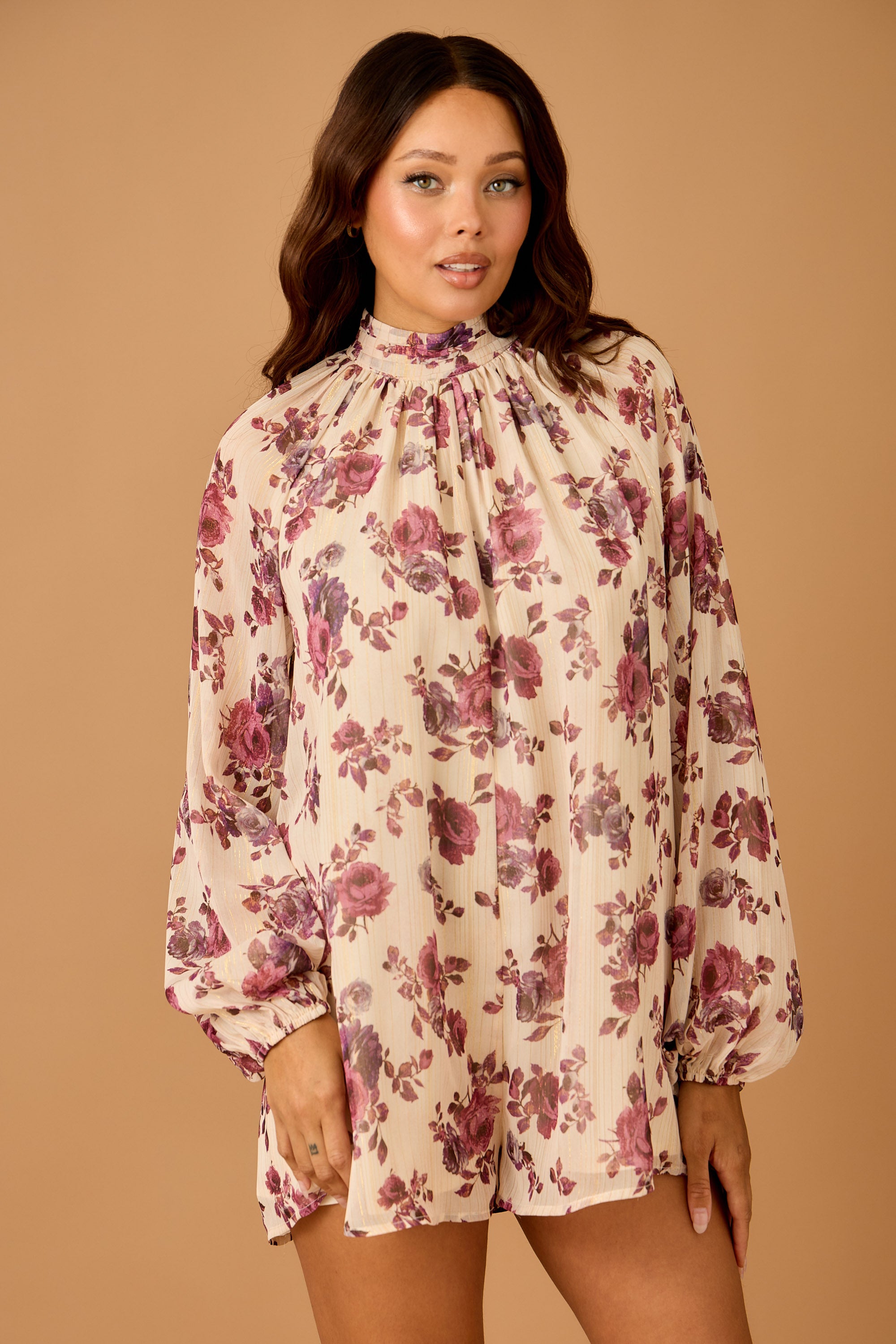 Fall Floral Chiffon Romper with Balloon Sleeves