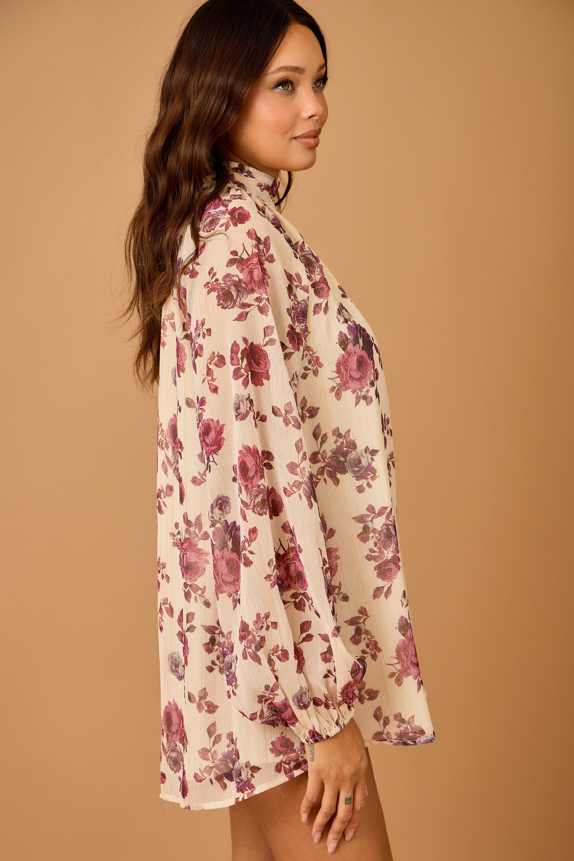 Fall Floral Chiffon Romper with Balloon Sleeves