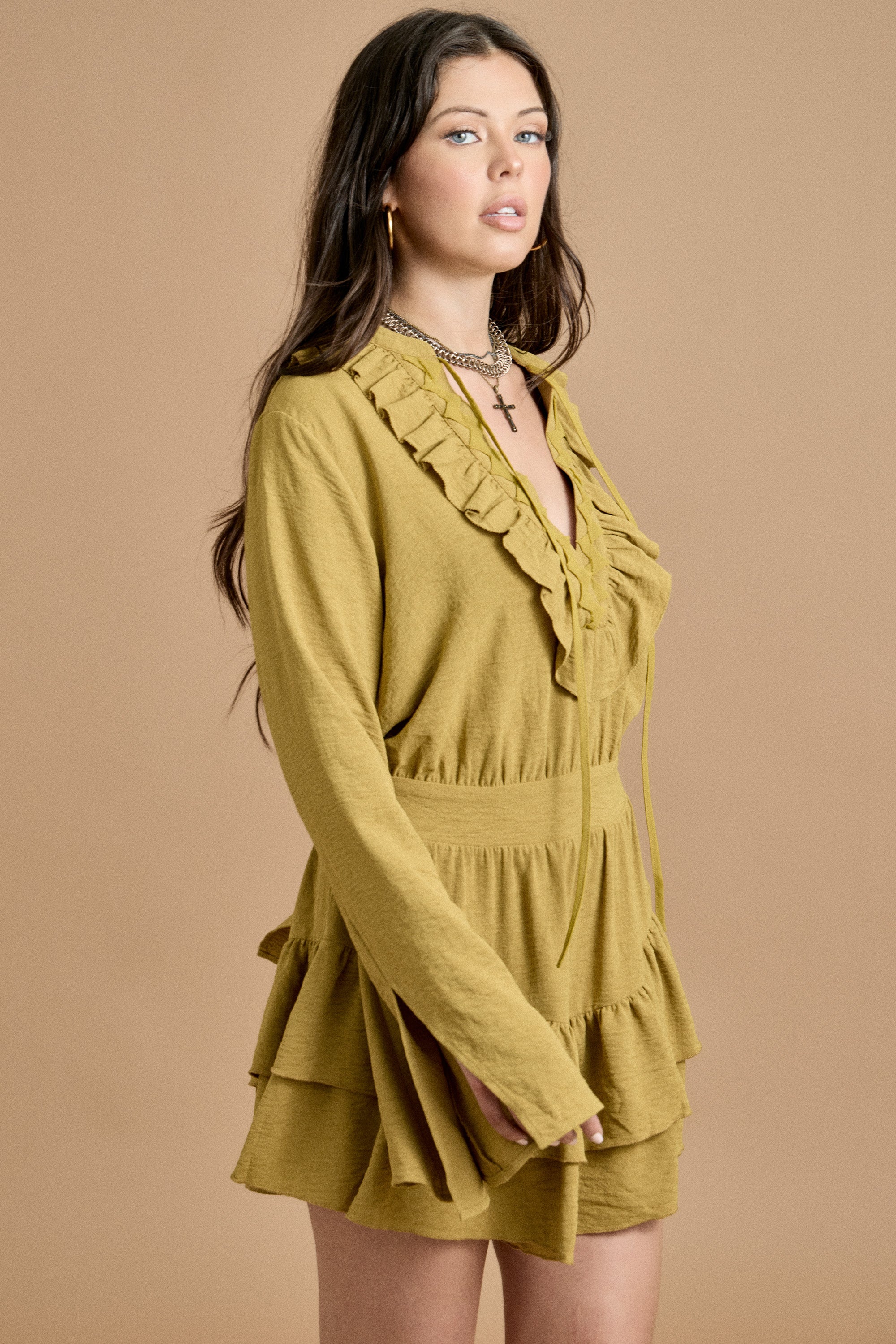 Fall Ruffled V-Neck Long Sleeve Romper