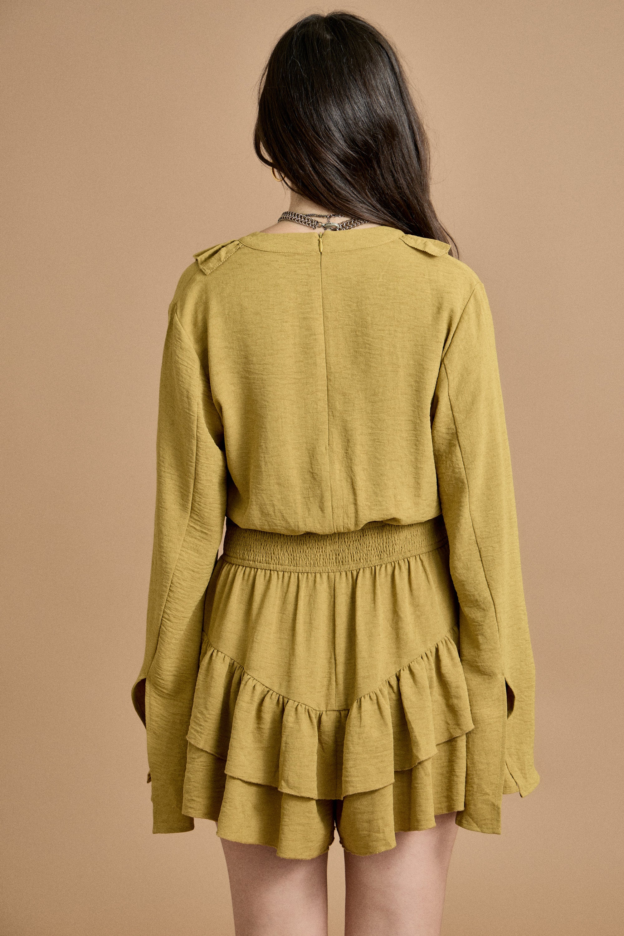 Fall Ruffled V-Neck Long Sleeve Romper
