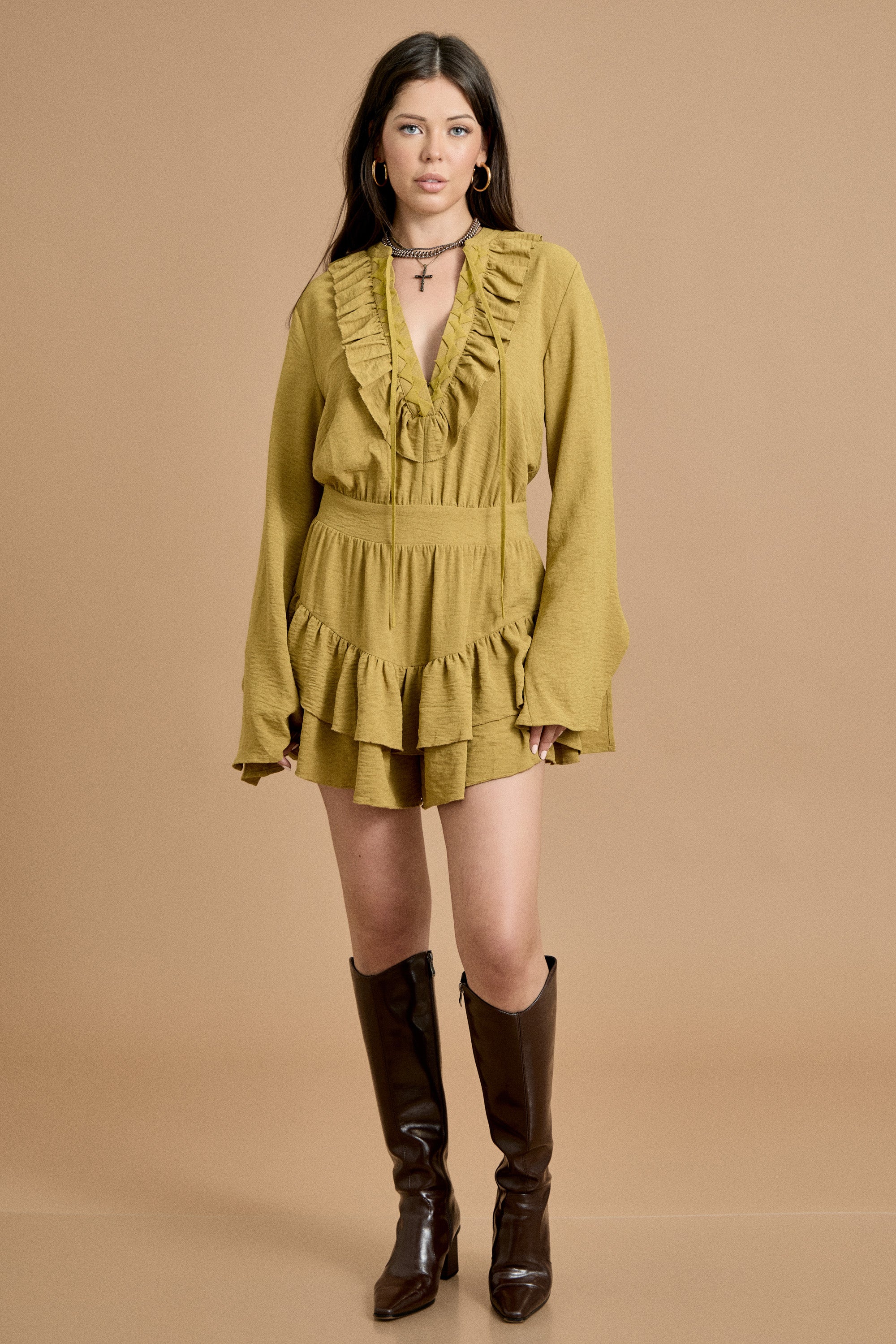 Fall Ruffled V-Neck Long Sleeve Romper