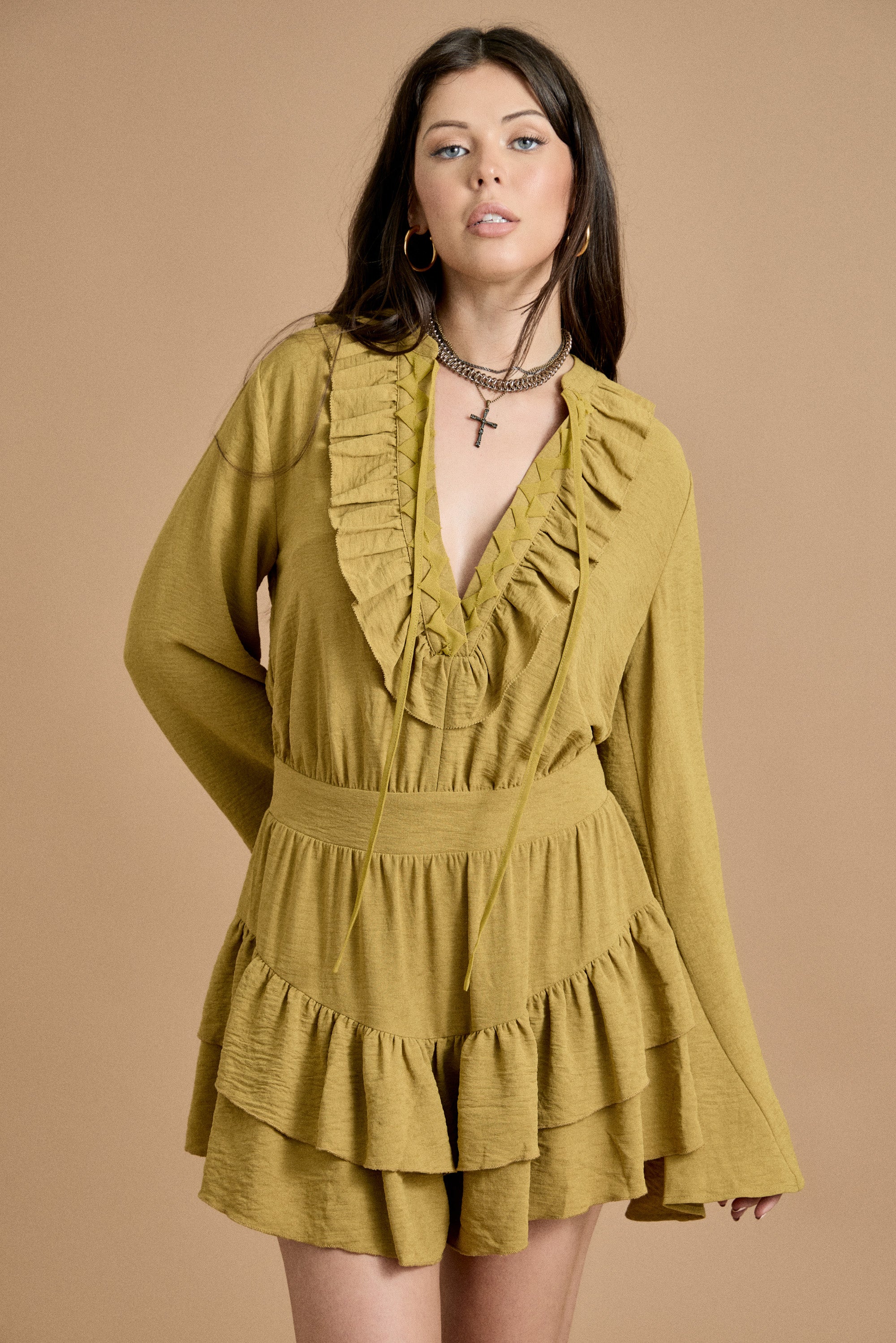 Fall Ruffled V-Neck Long Sleeve Romper