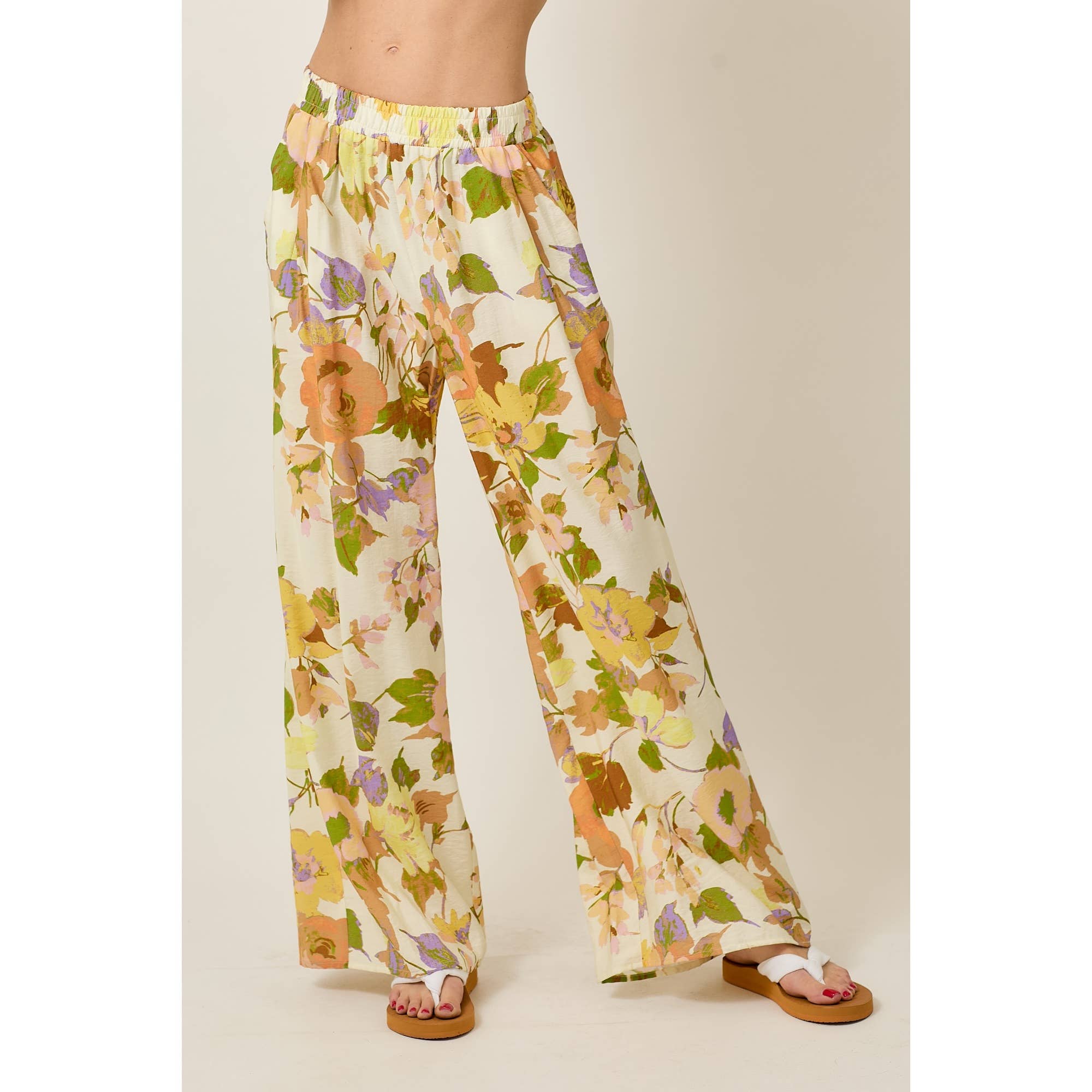 Floral Wide-Leg Pants with Elastic Waistband & Pockets