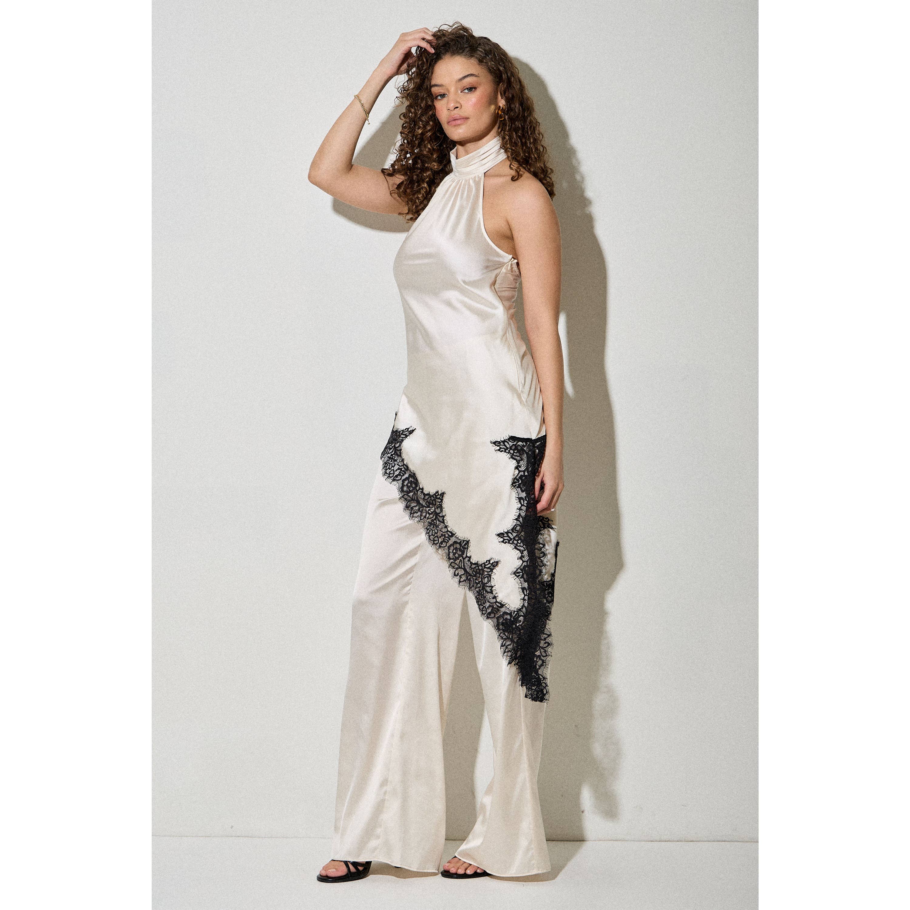 Satin Lace Trim Halter Set