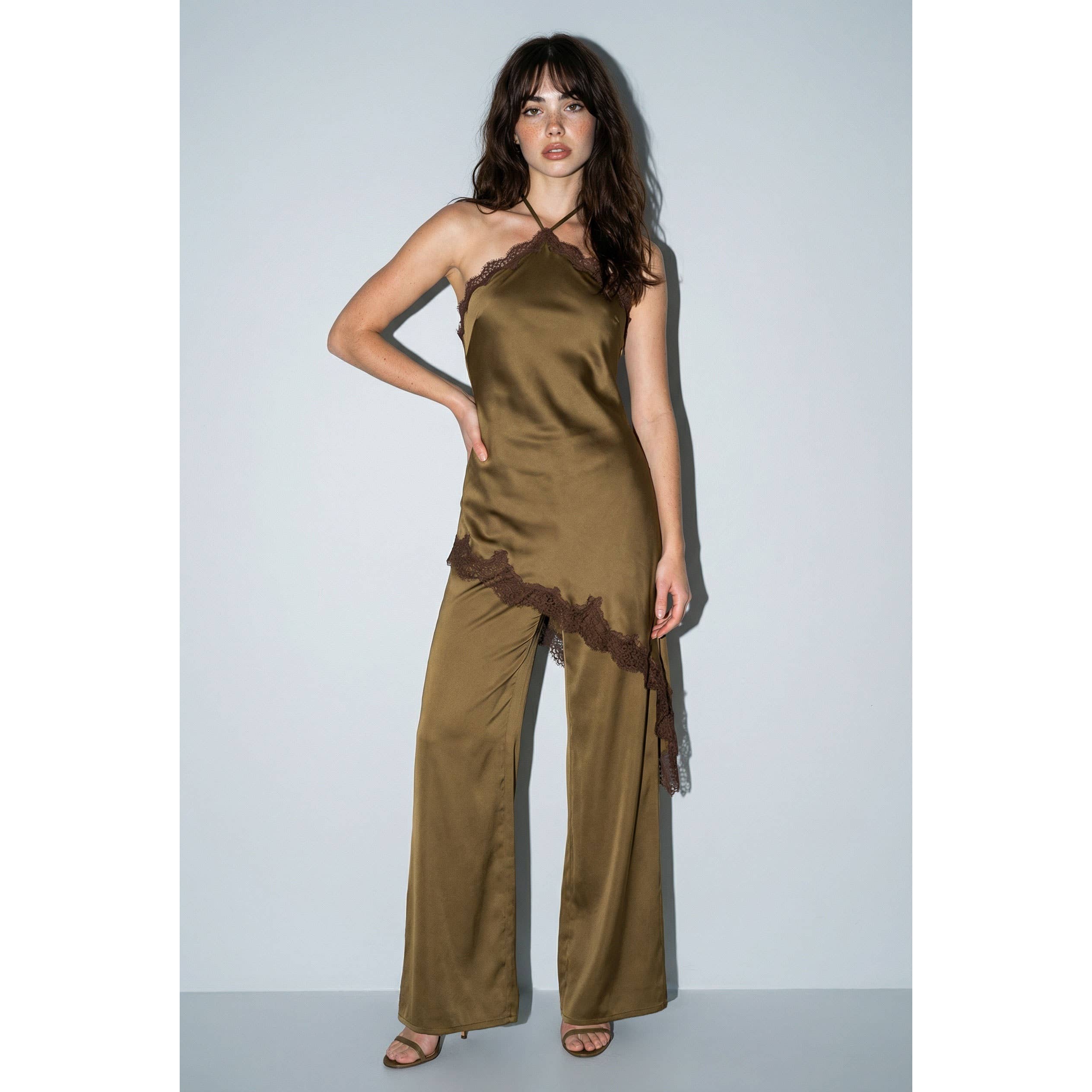 Contrast Lace Trim Satin Halter Jumpsuit