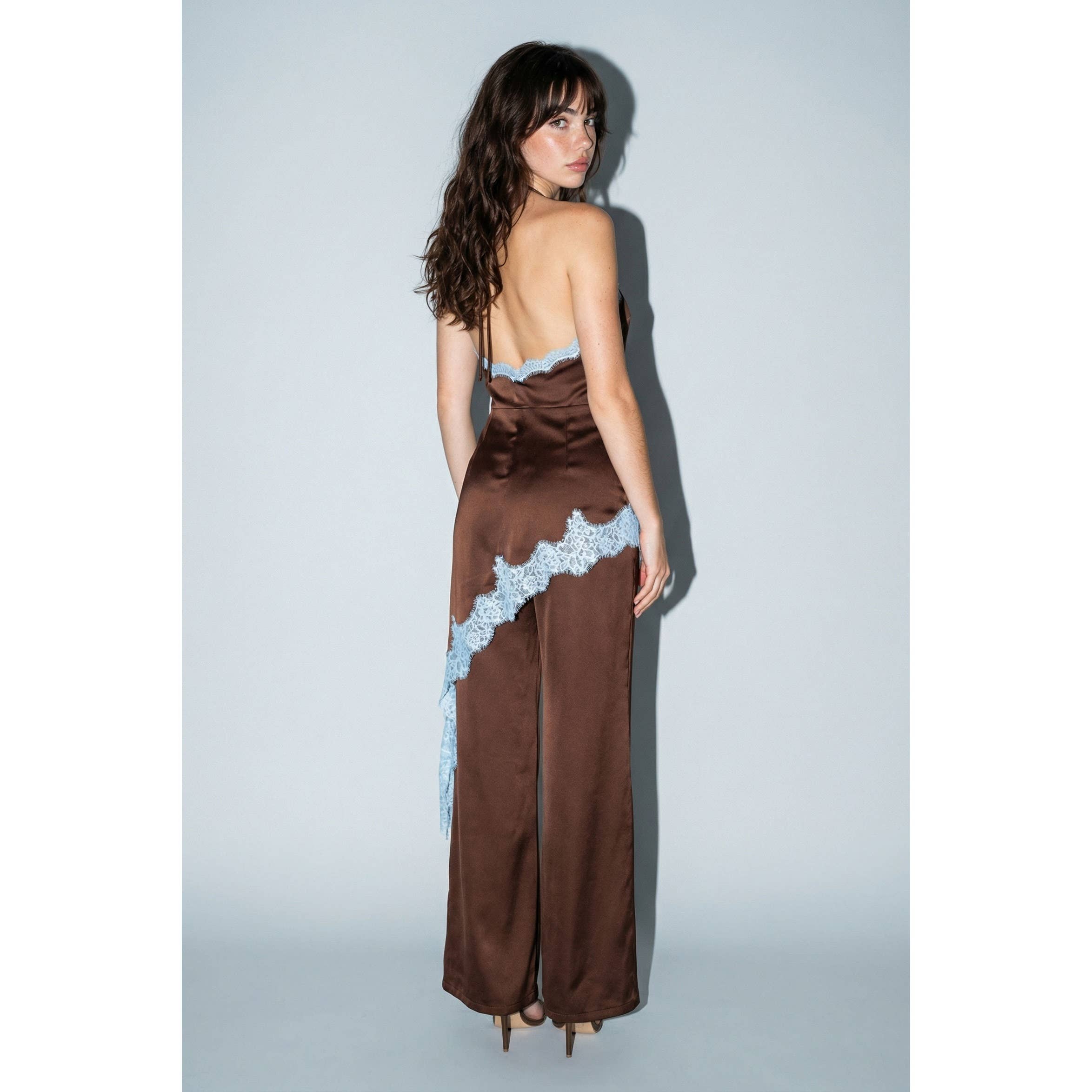 Contrast Lace Trim Satin Halter Jumpsuit