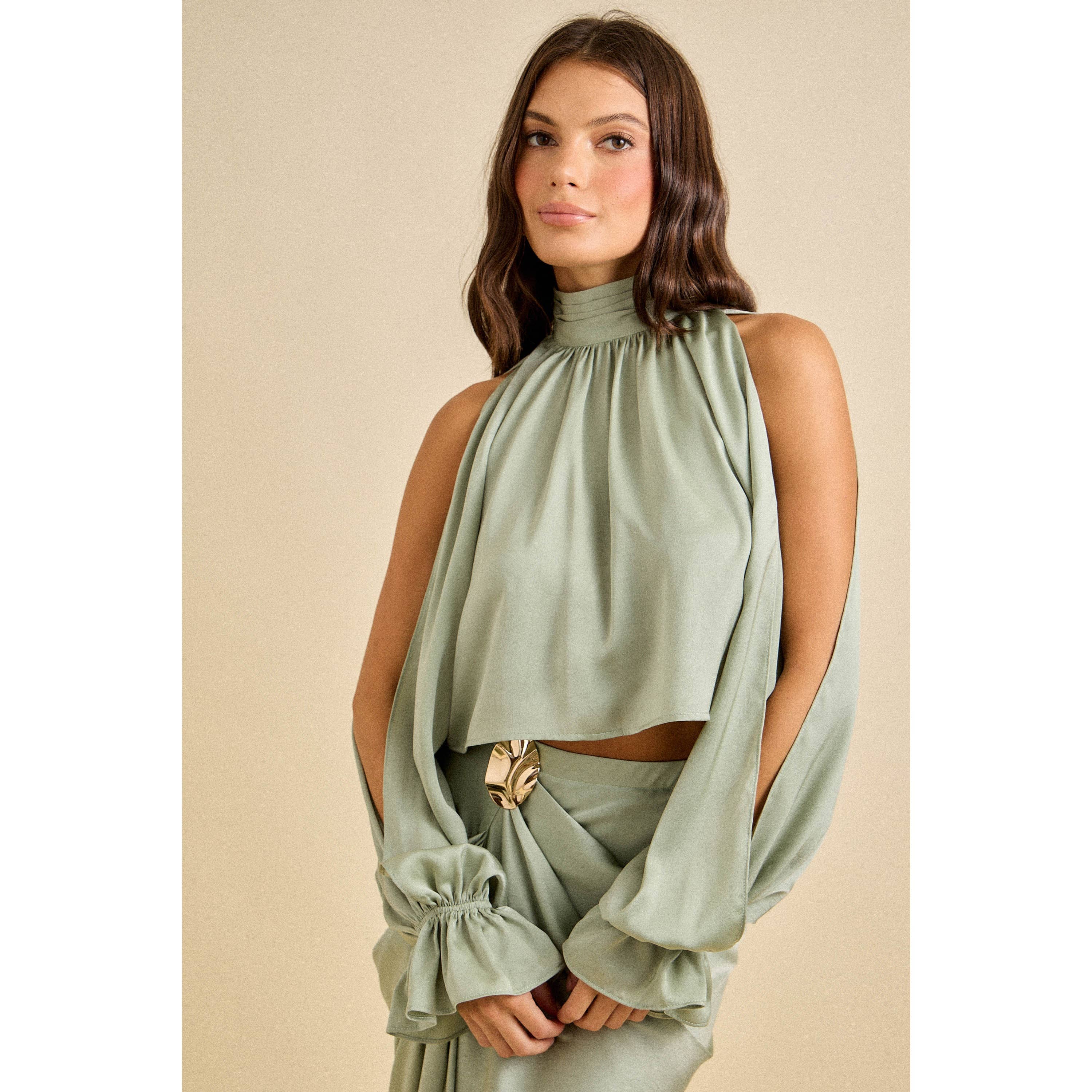 Spring Drape Sleeve Satin Set with Gold Buckle