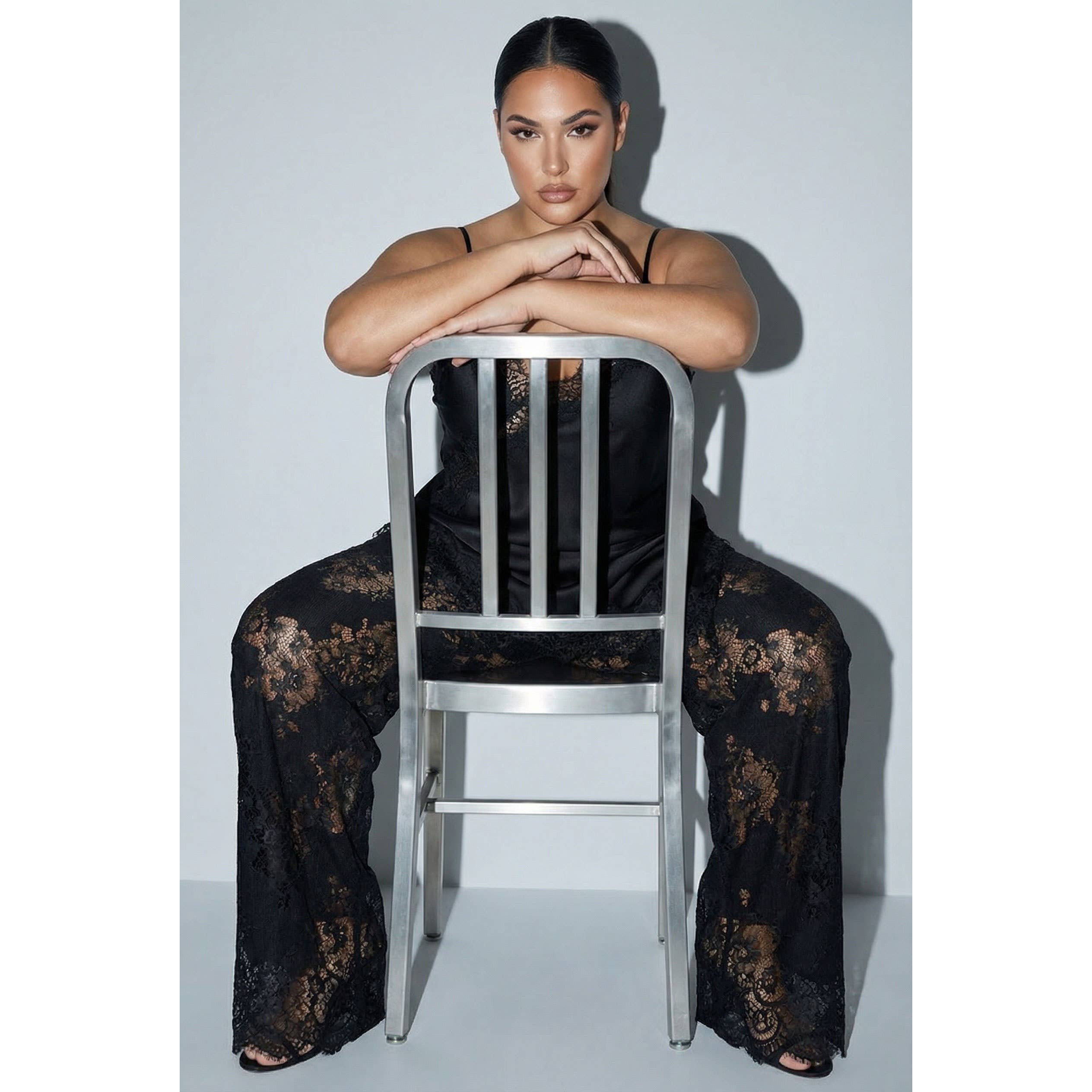 PLUS Satin Lace Trim Cami and Pants Set