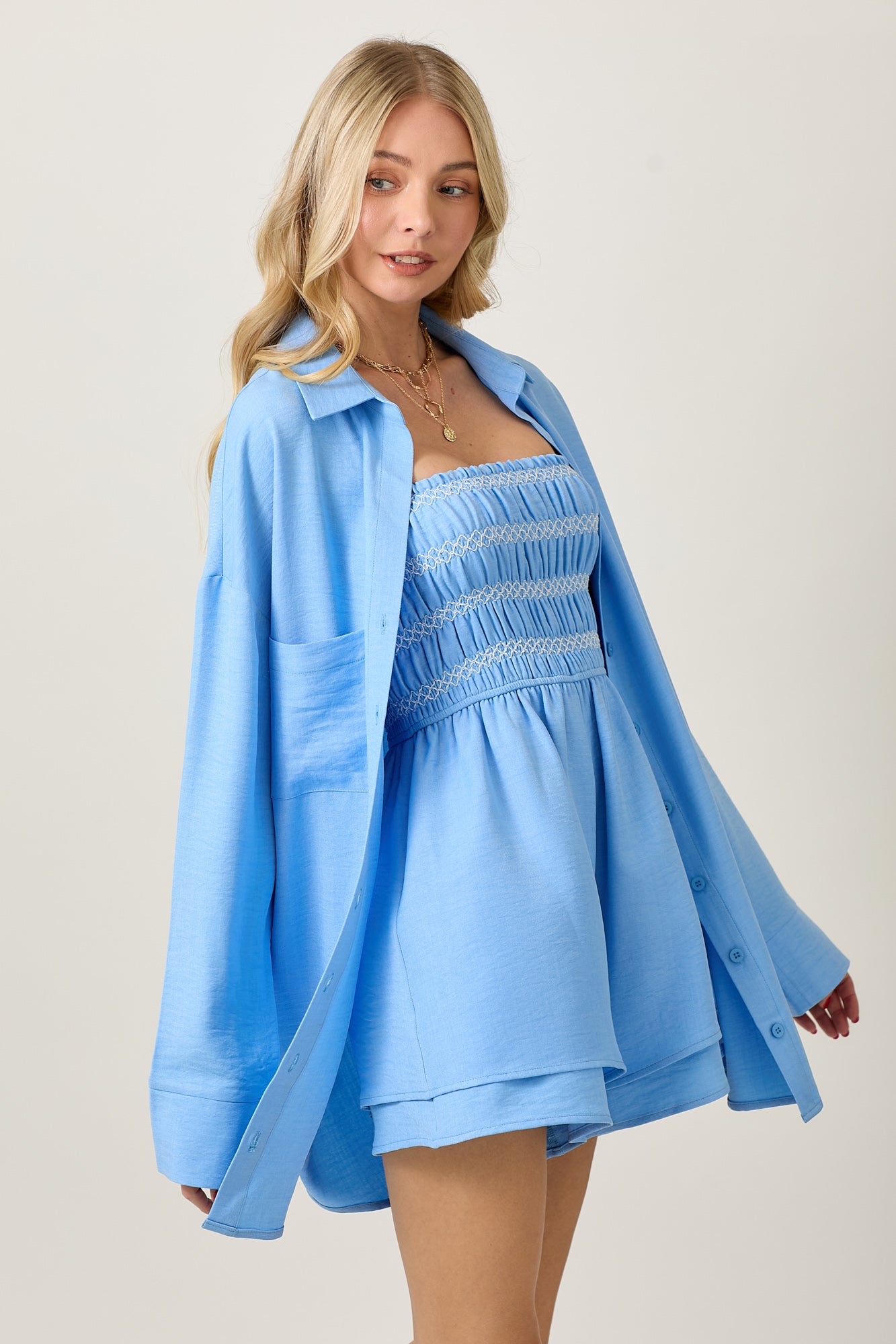 LONG SLEEVE TOP AND CONTRAST SMOCKED ROMPER SET