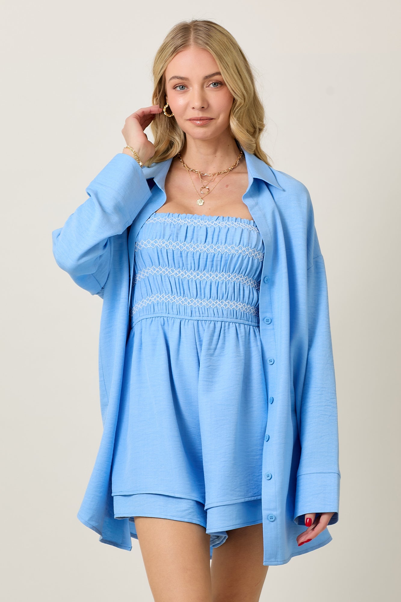 LONG SLEEVE TOP AND CONTRAST SMOCKED ROMPER SET