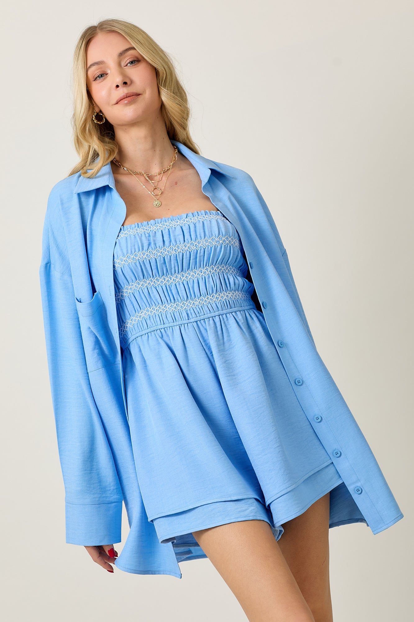 LONG SLEEVE TOP AND CONTRAST SMOCKED ROMPER SET