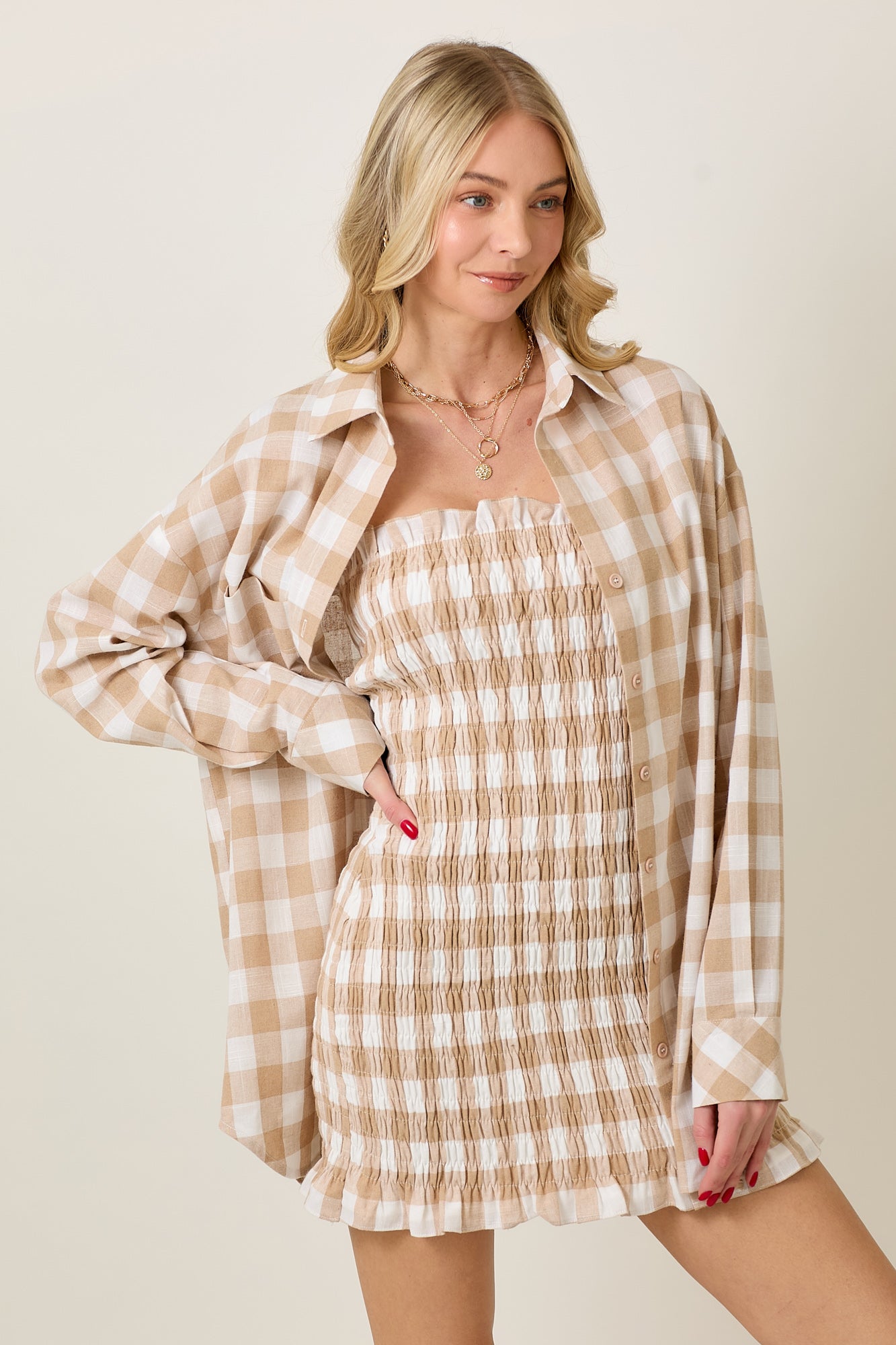 Checkered Shirt and Smocked Tube Dress Set