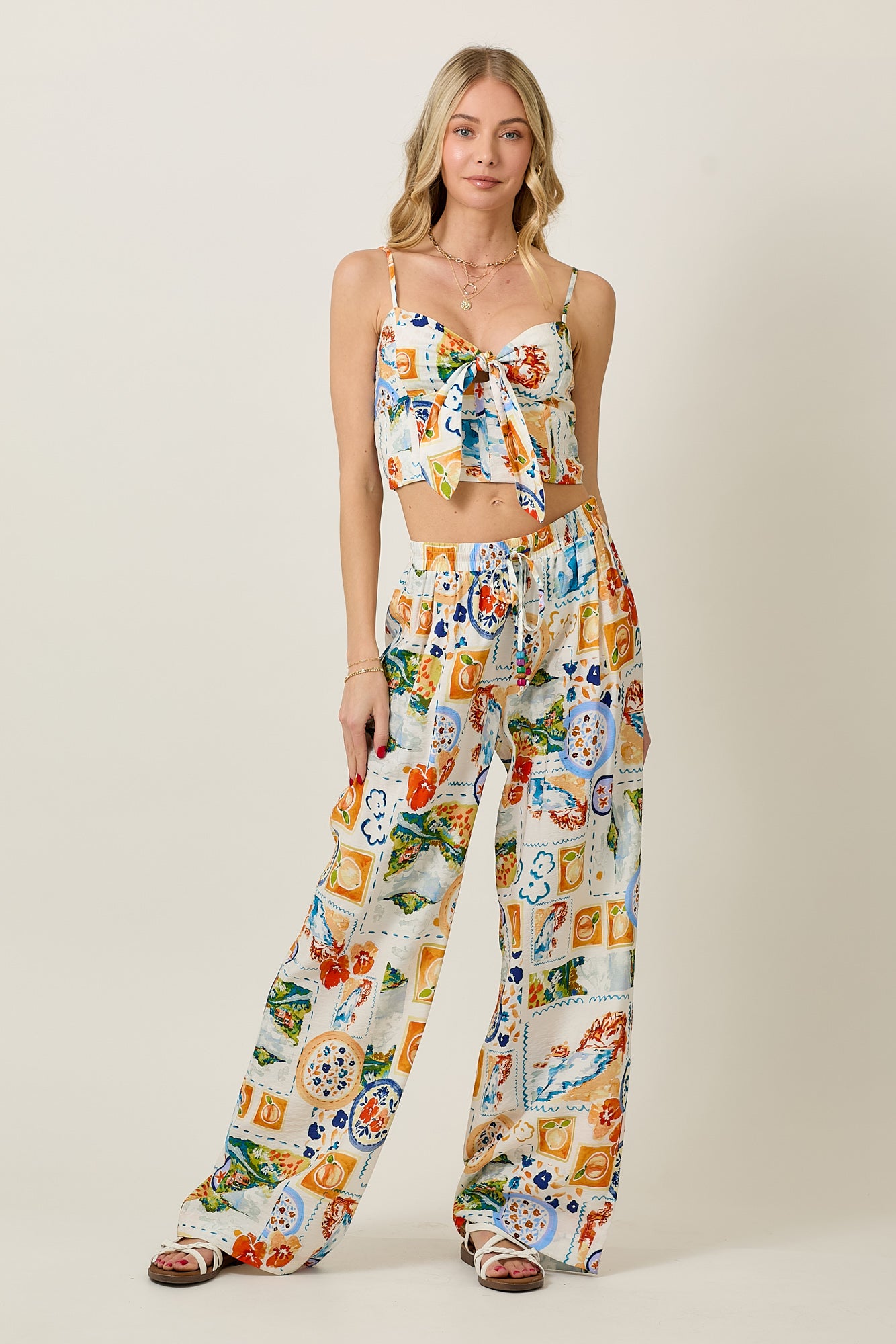 WATERCOLOR PRINT TIE UP CAMI TOP AND PANT SET