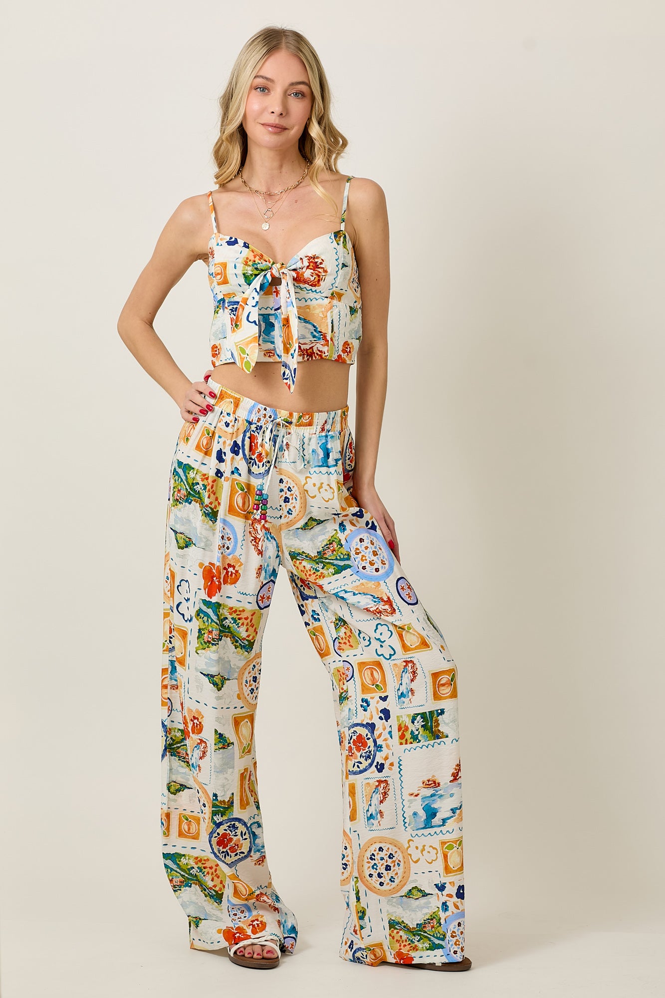 WATERCOLOR PRINT TIE UP CAMI TOP AND PANT SET