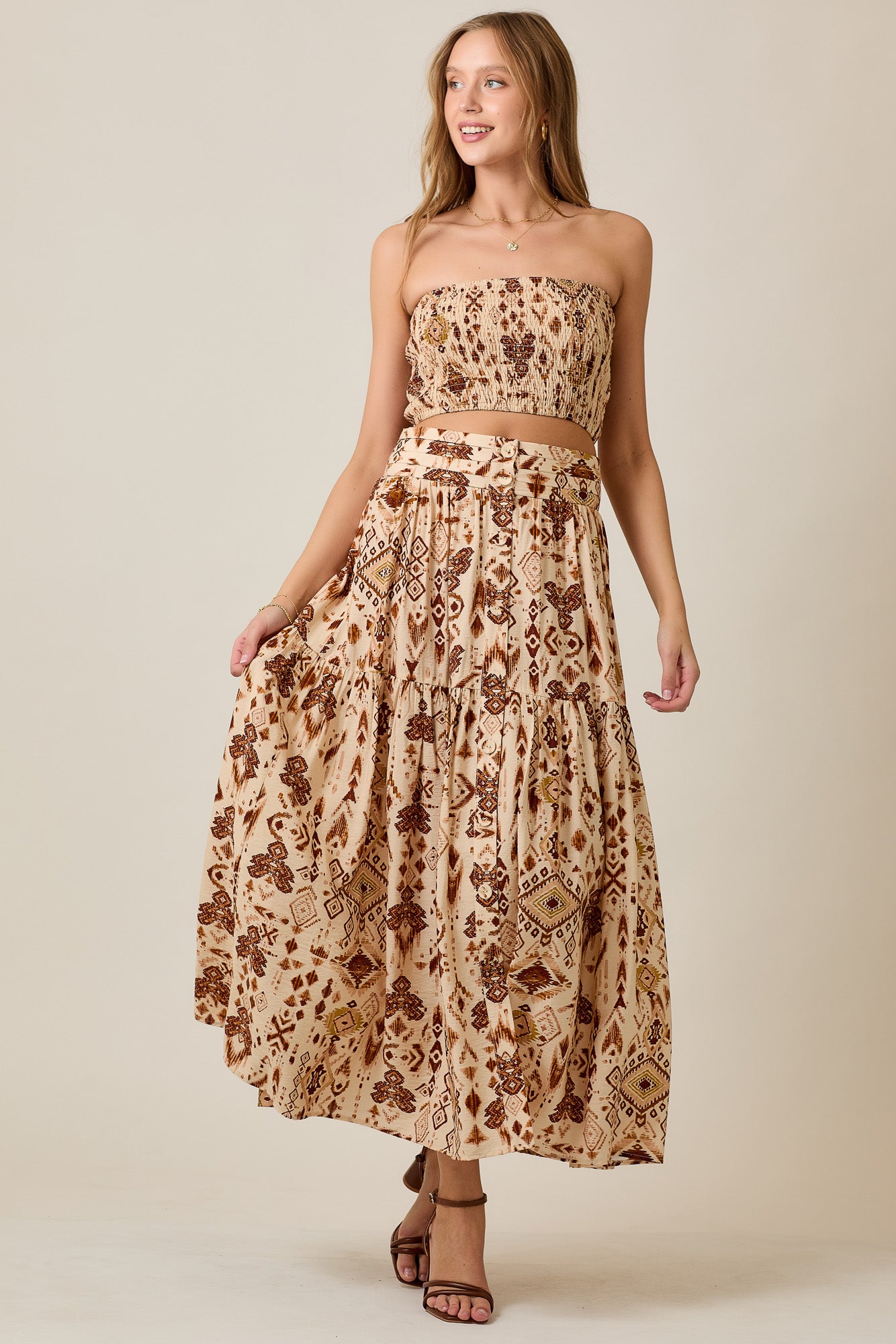 Boho Tube Top & Button Maxi Skirt 2-Piece Summer Set