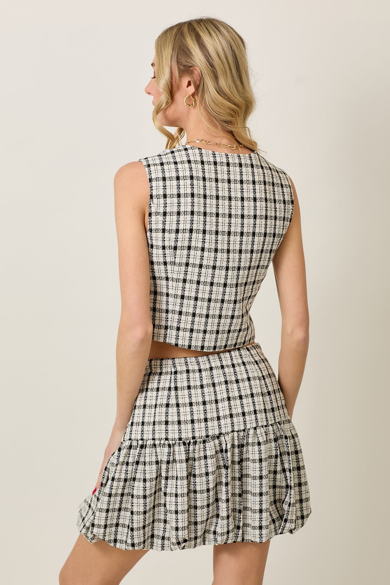 Sleeveless Light Weight Plaid Bubble Skirt Set