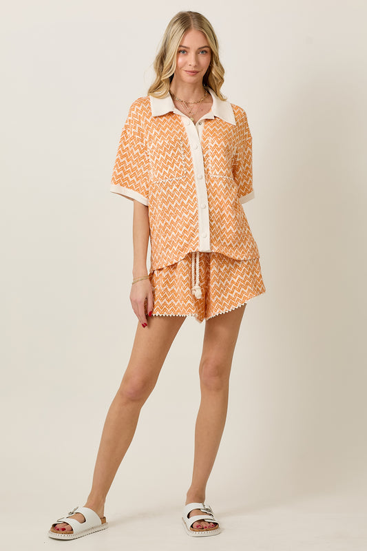 KNIT COLLAR SHORT SLEEVE SET WITH CONTRAST DETAIL