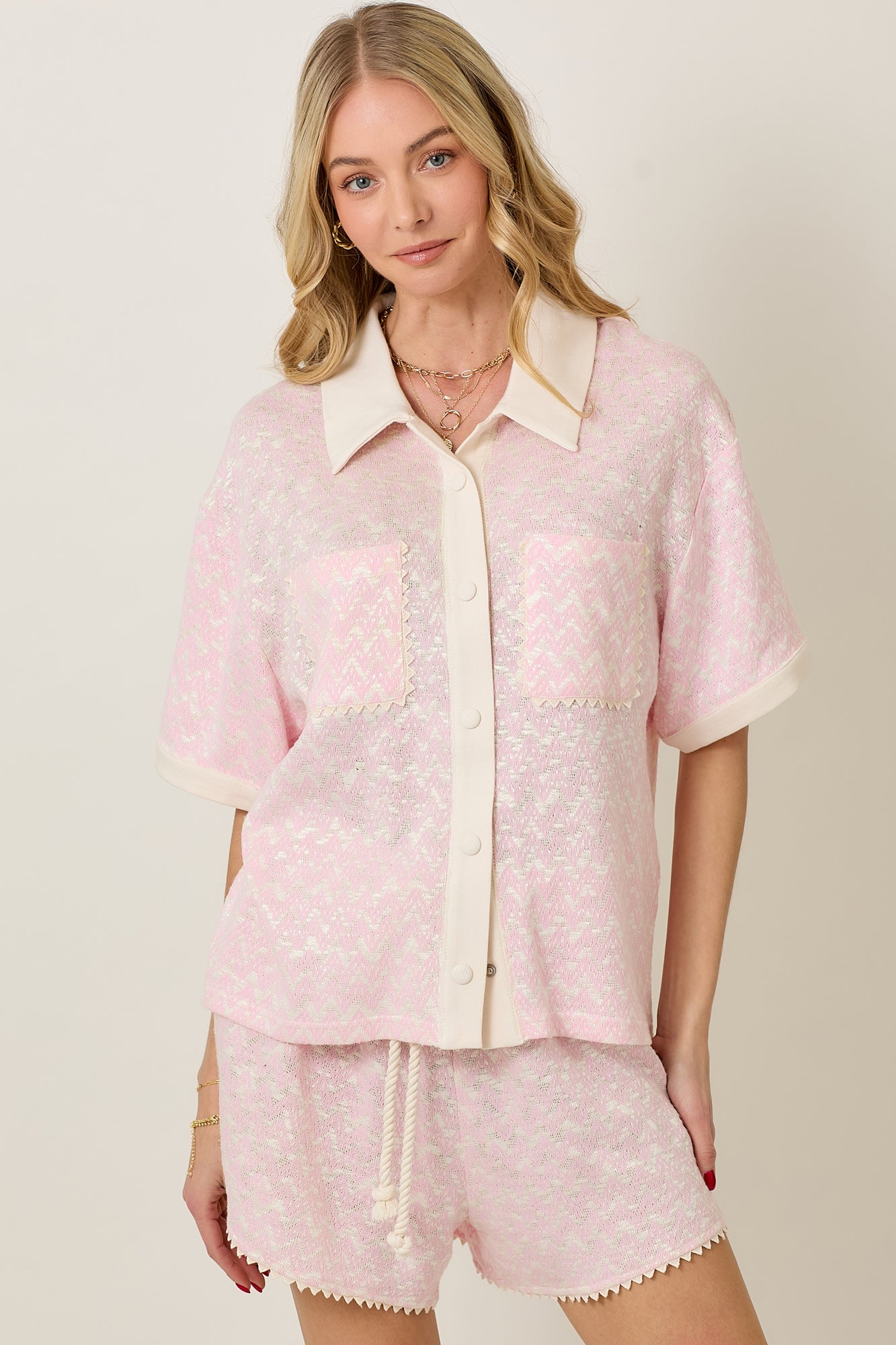 Knit Collar Short Sleeve Set With Contrast Detail