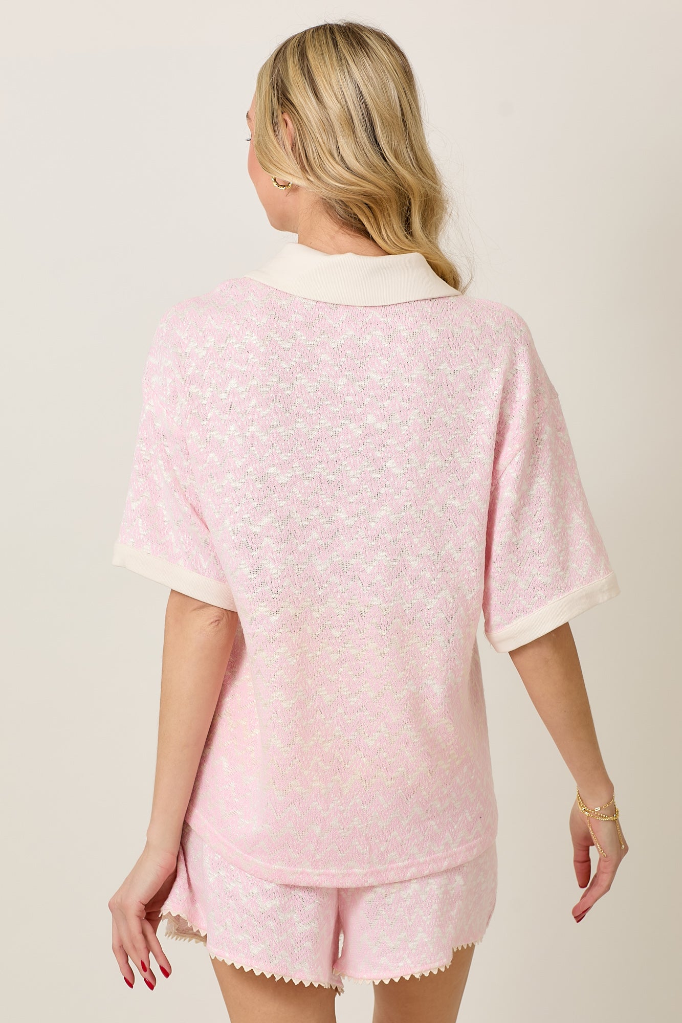 Knit Collar Short Sleeve Set With Contrast Detail