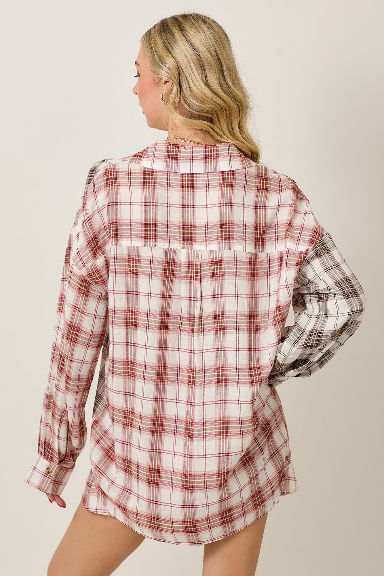 Rayon Plaid Long Sleeve Button Down And Shorts Set