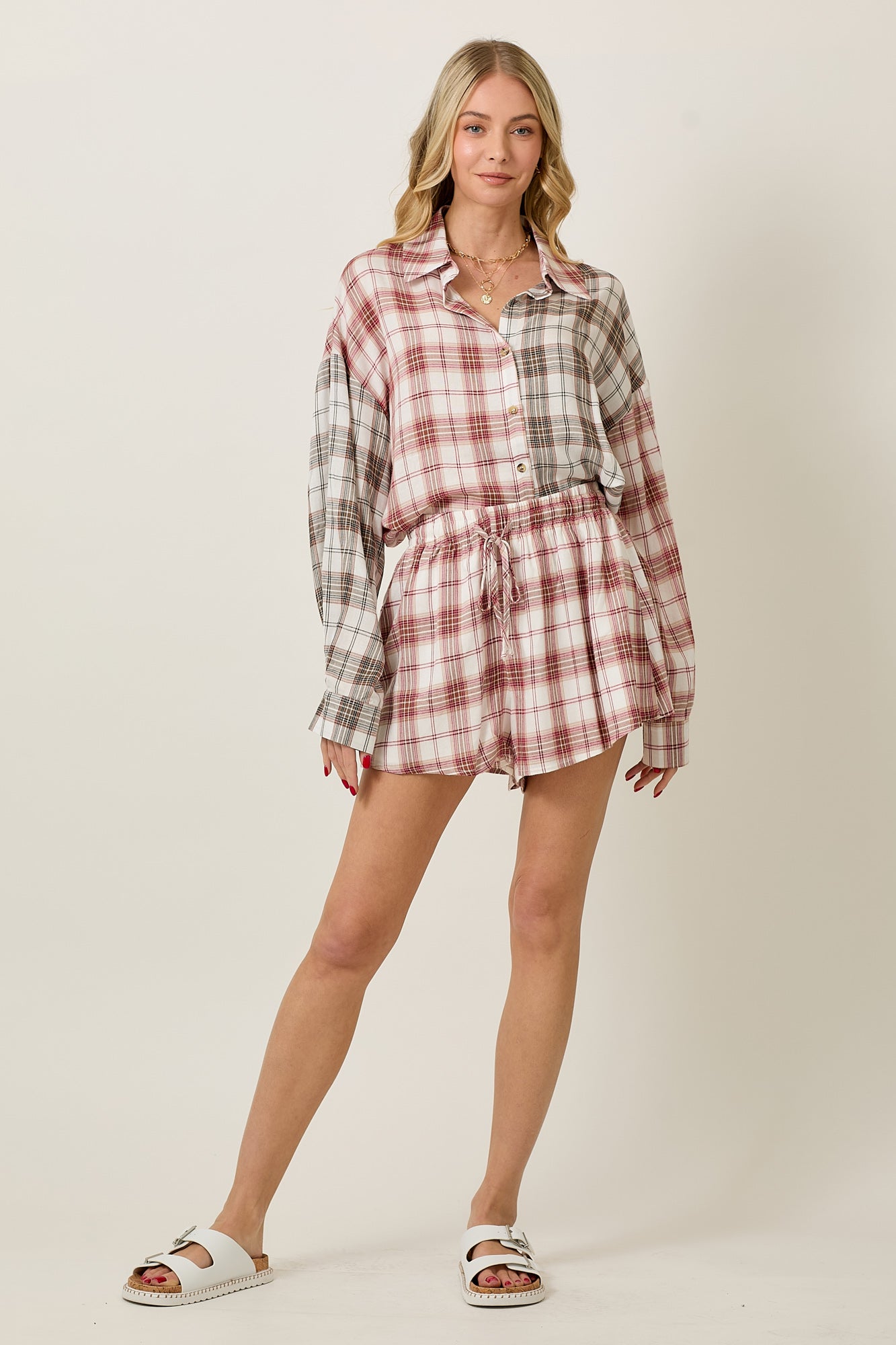 RAYON PLAID LONG SLEEVE BUTTON DOWN AND SHORTS SET