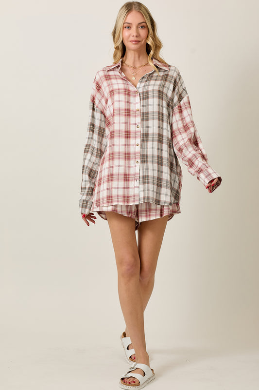 RAYON PLAID LONG SLEEVE BUTTON DOWN AND SHORTS SET