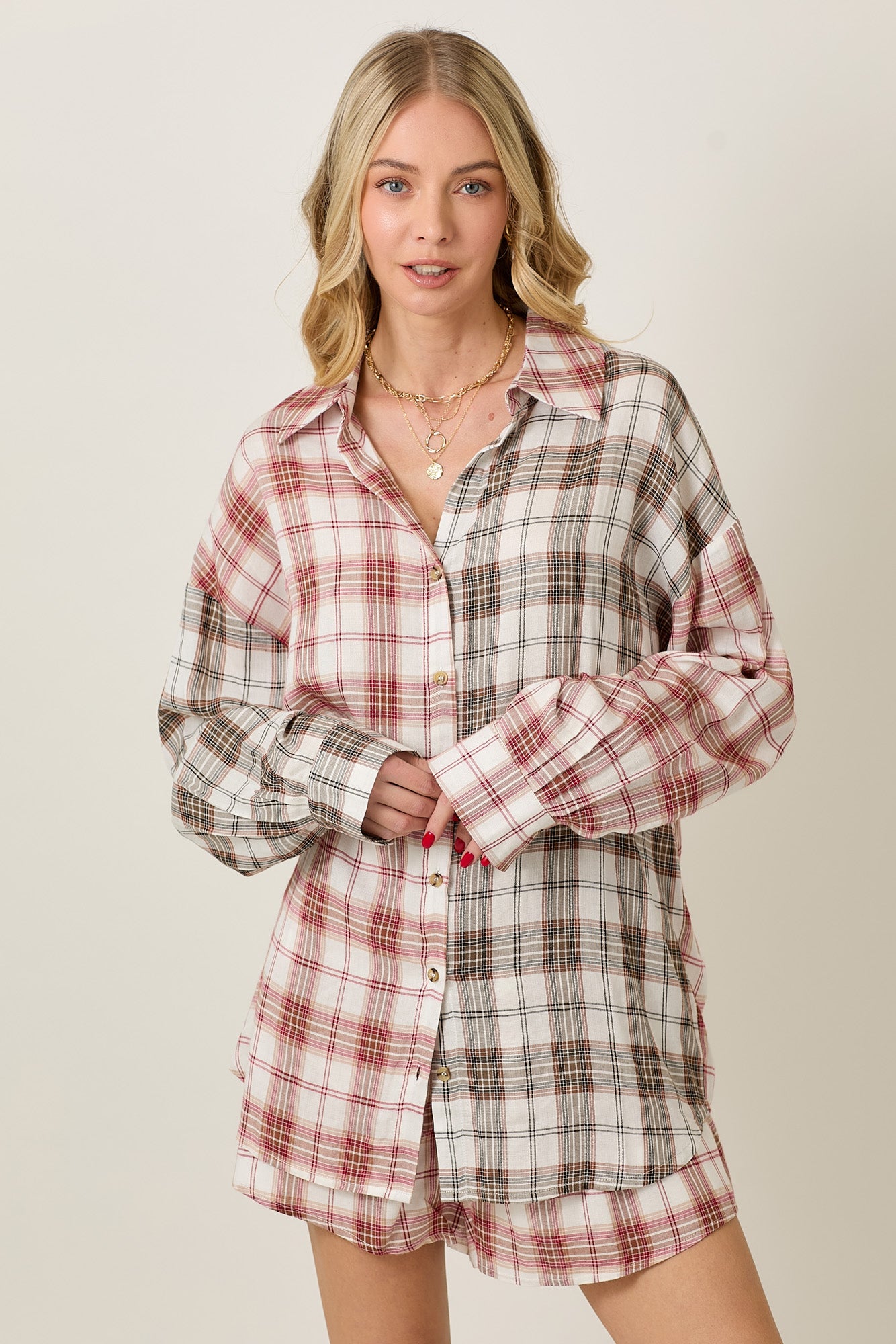 Rayon Plaid Long Sleeve Button Down And Shorts Set