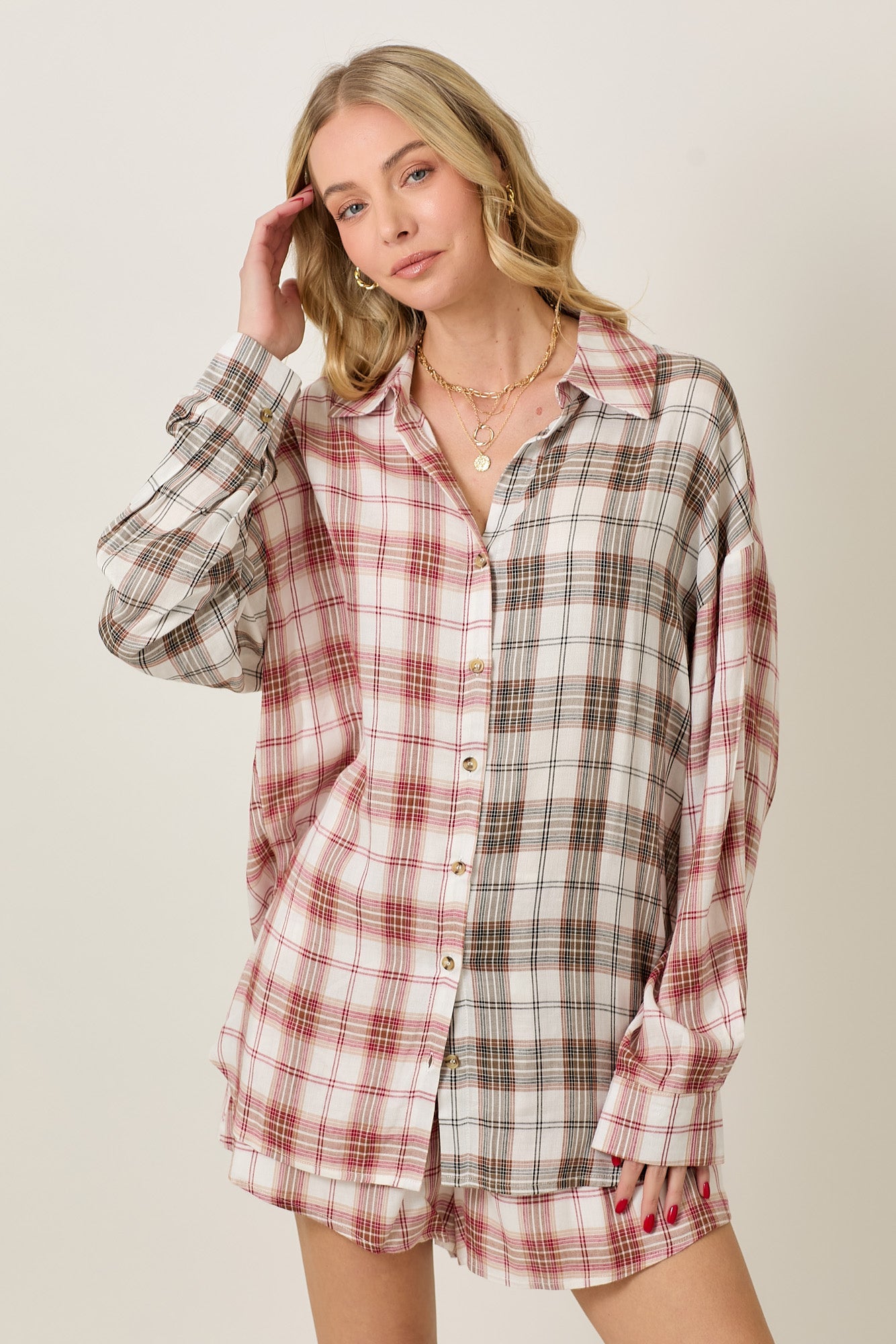 Rayon Plaid Long Sleeve Button Down And Shorts Set
