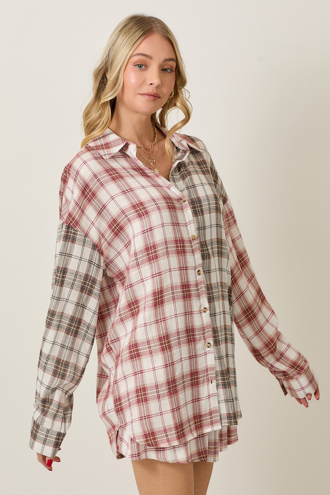 RAYON PLAID LONG SLEEVE BUTTON DOWN AND SHORTS SET