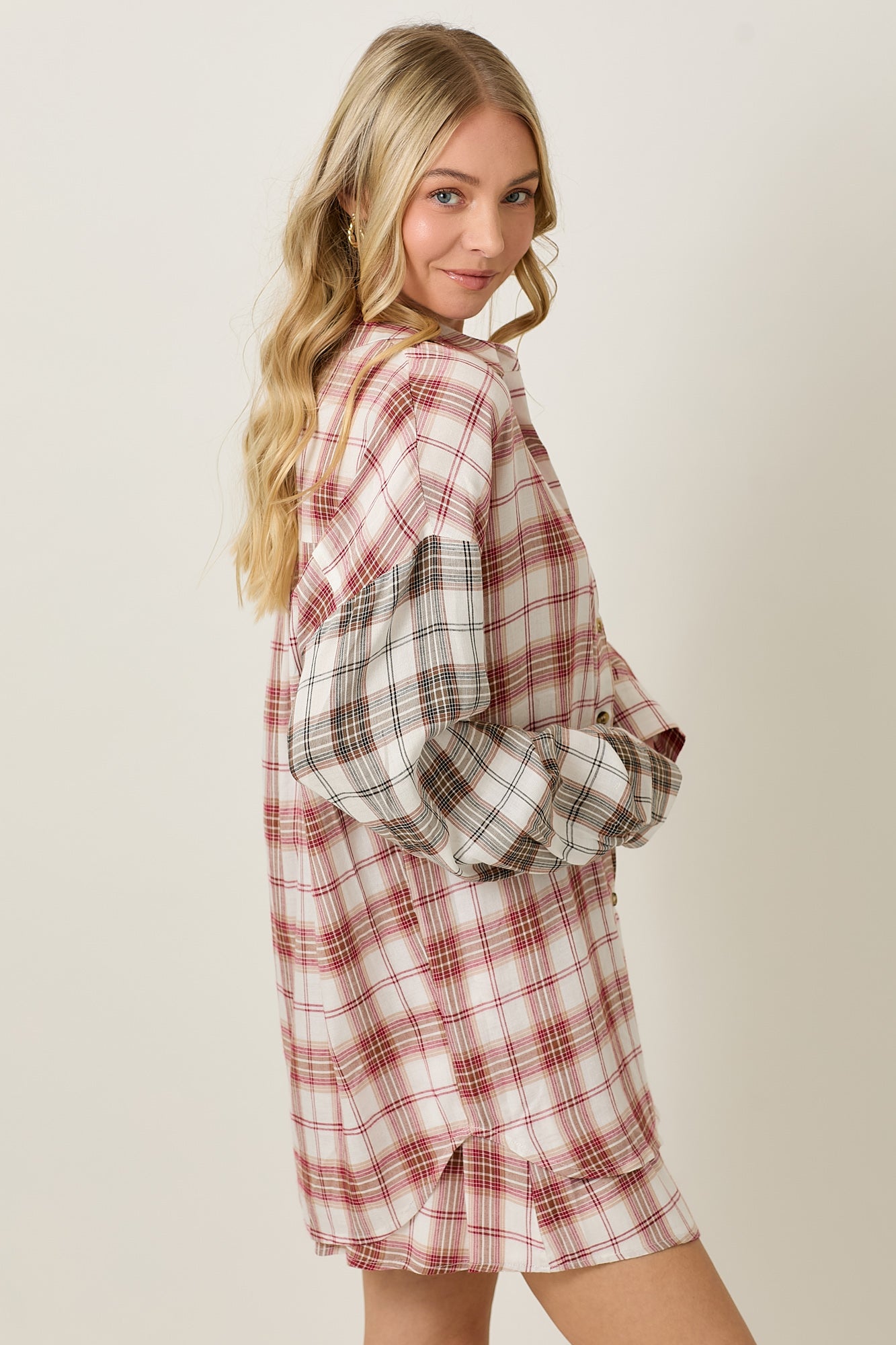 Rayon Plaid Long Sleeve Button Down And Shorts Set