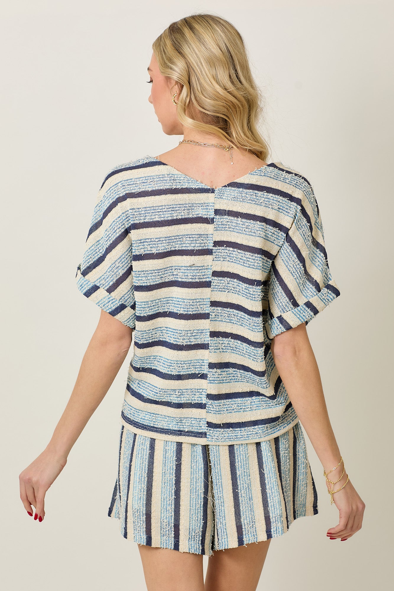 Summer Striped Short Sleeve Set with Adjustable Cord Tie