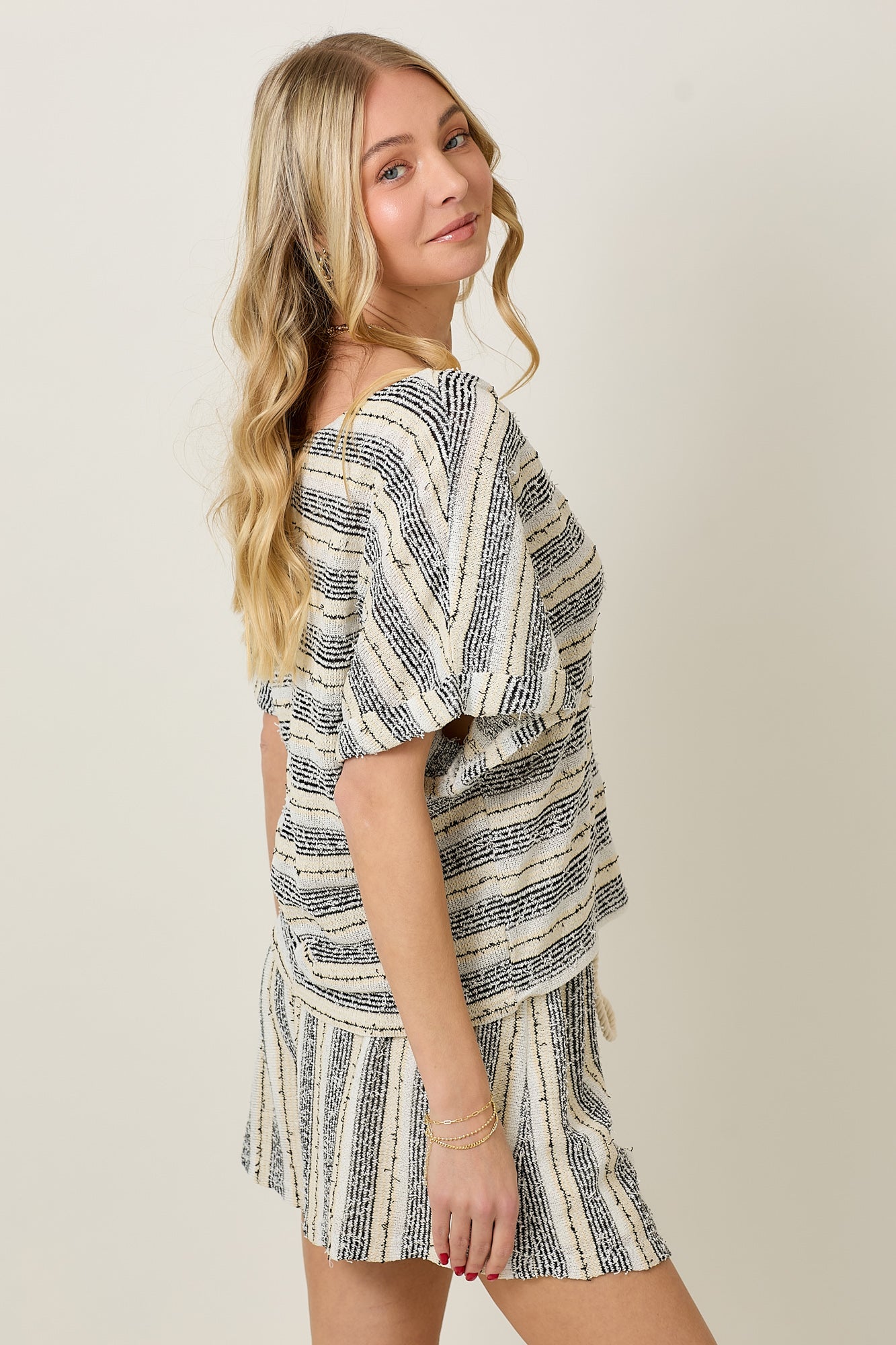 Summer Striped Short Sleeve Set with Adjustable Cord Tie