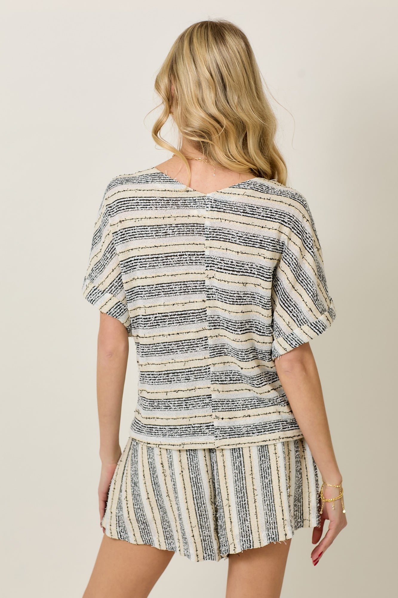 Summer Striped Short Sleeve Set with Adjustable Cord Tie