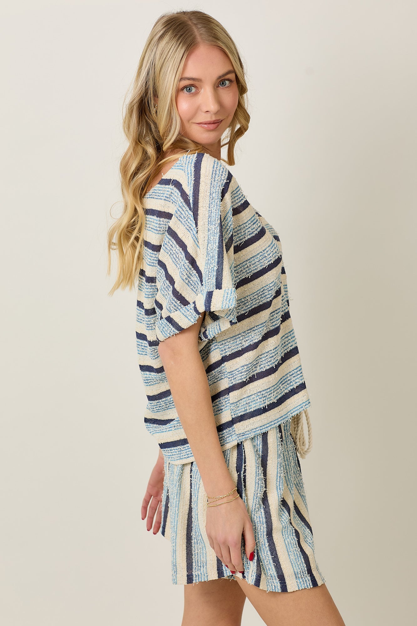 Summer Striped Short Sleeve Set with Adjustable Cord Tie