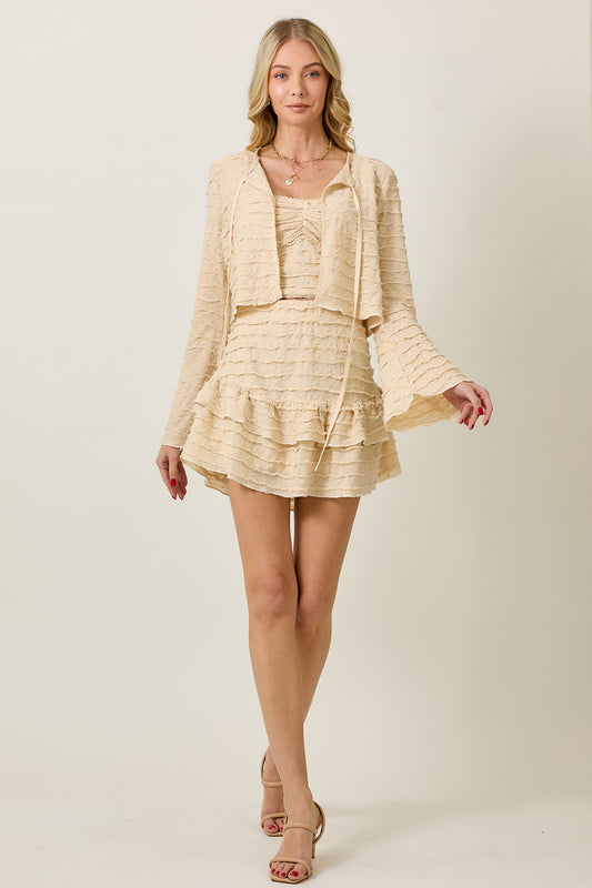 3 PC LONG SLEEVE TOP AND CAMI AND RUFFLE SKIRT SET