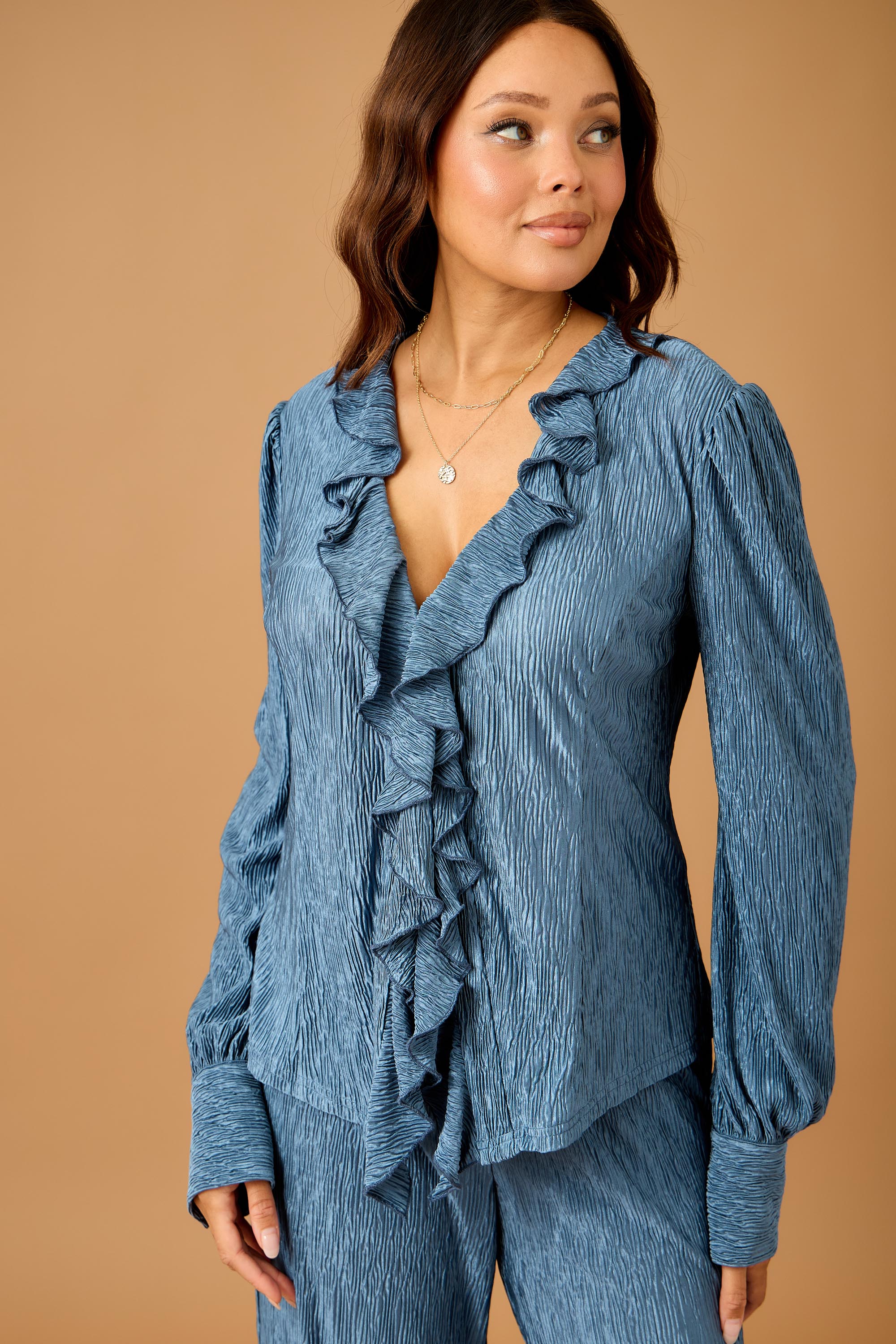 Fall Ruffled Textured Top and Wide Leg Pants Set